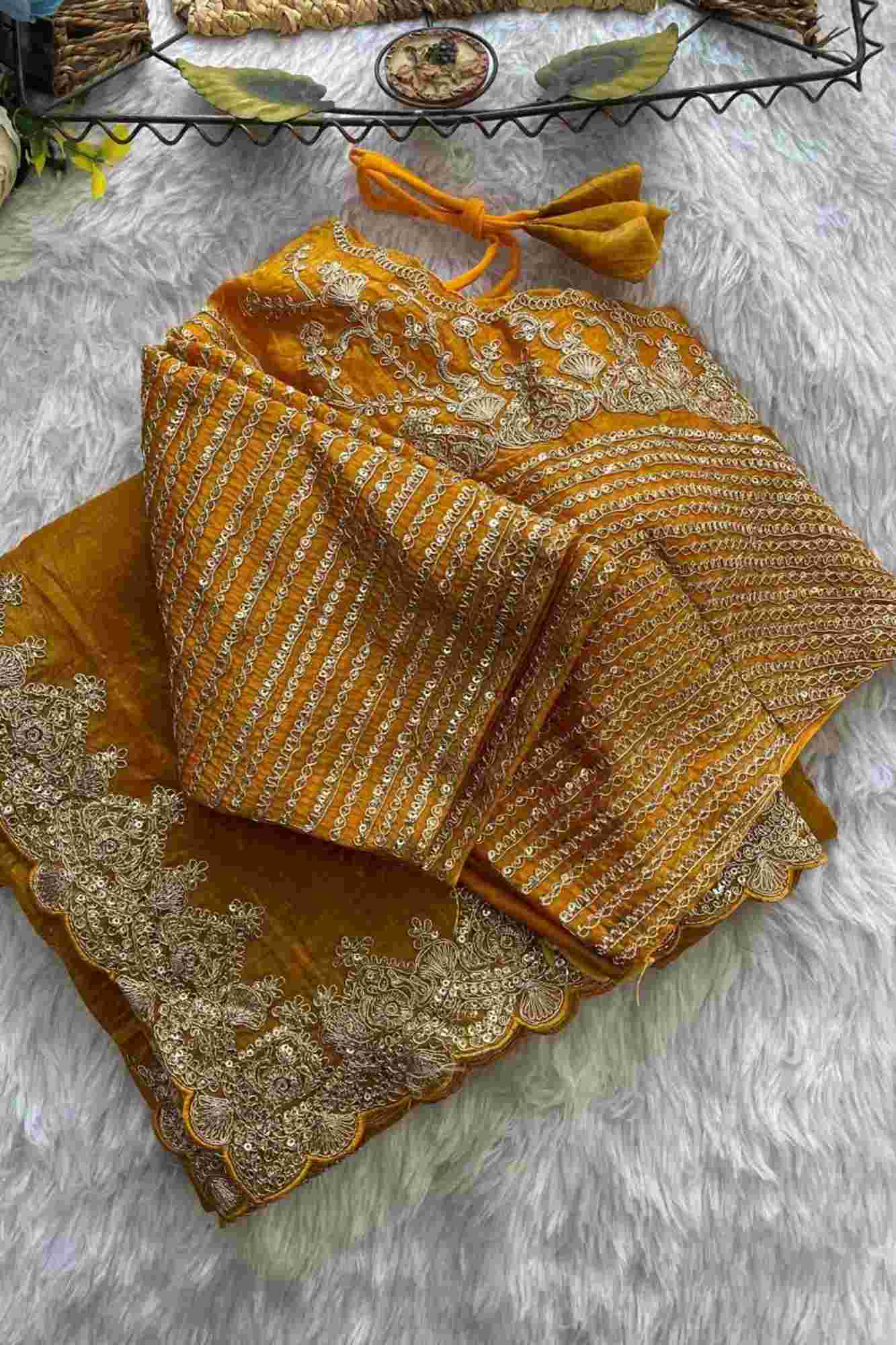 Gold Crush Silk with Zari & Sequin Embroidered C-Pallu and Cutwork Border Ready To Wear Sare