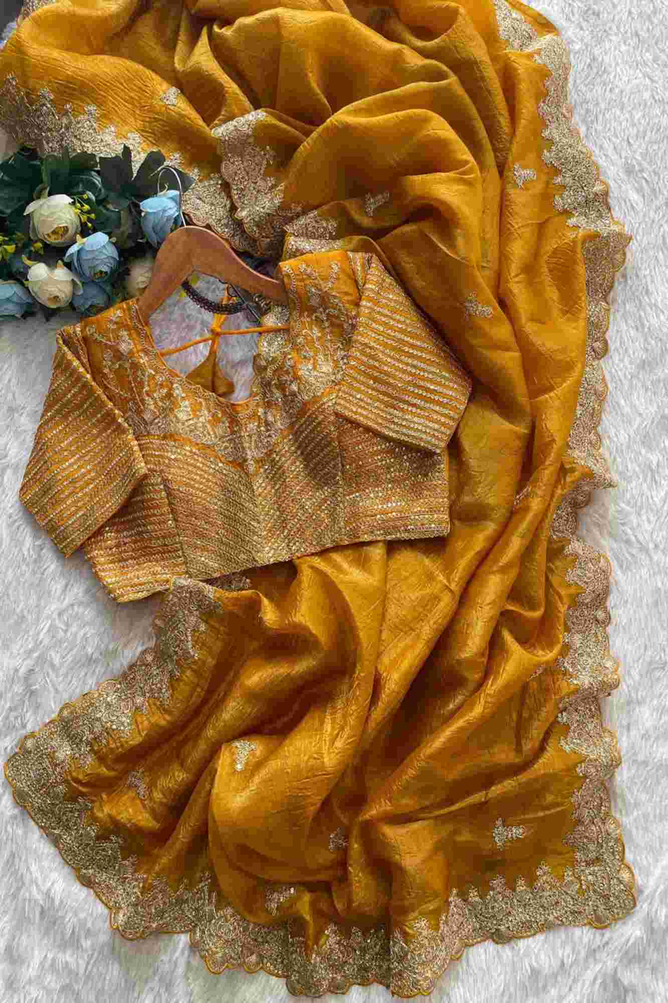 Gold Crush Silk with Zari & Sequin Embroidered C-Pallu and Cutwork Border Ready To Wear Sare
