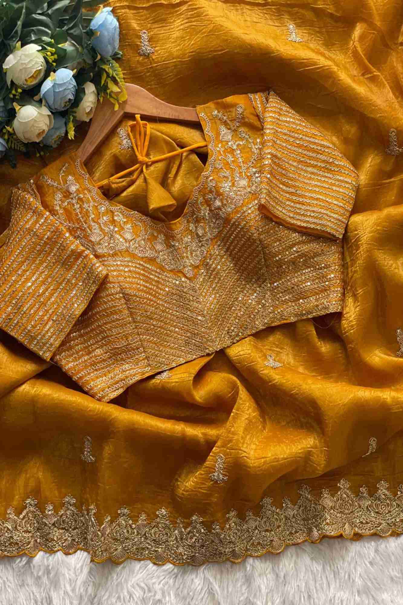Gold Crush Silk with Zari & Sequin Embroidered C-Pallu and Cutwork Border Ready To Wear Sare