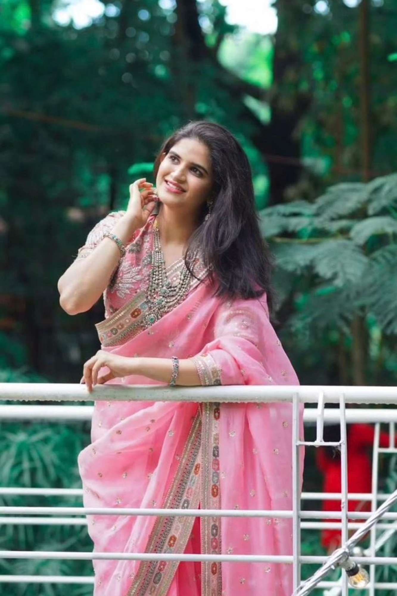 Rose Pink Tissue Silk with Intricate Mirror Embellished Border Ready To Wear Saree