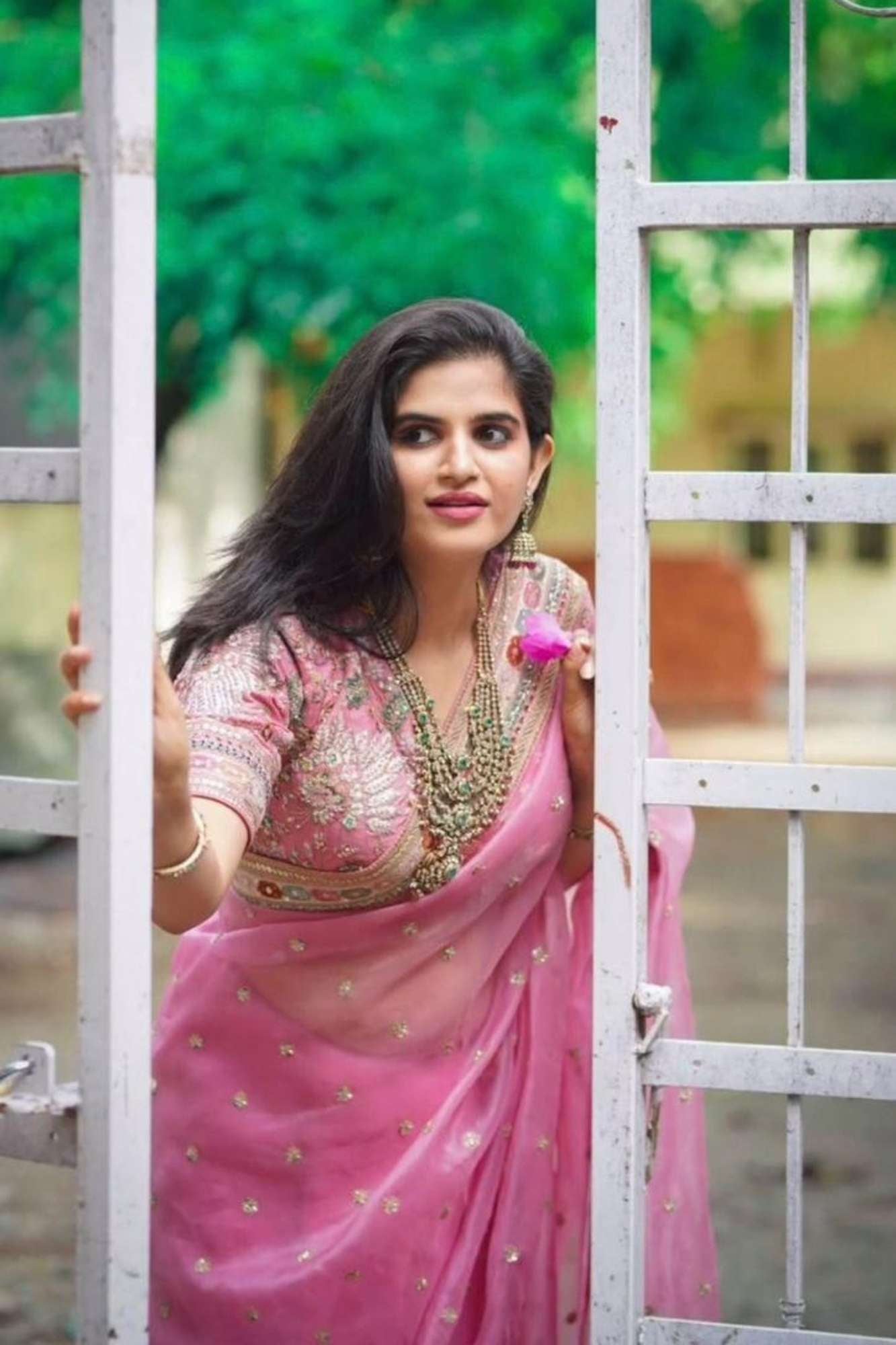 Rose Pink Tissue Silk with Intricate Mirror Embellished Border Ready To Wear Saree