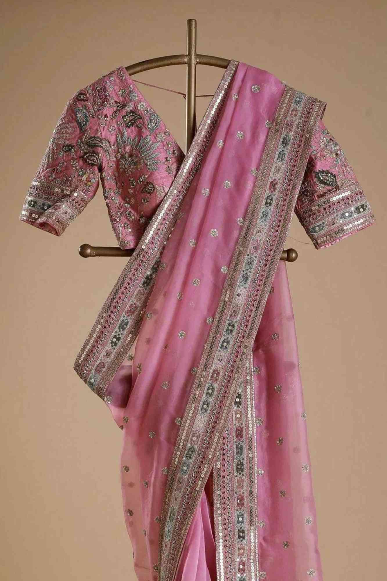 Rose Pink Tissue Silk with Intricate Mirror Embellished Border Ready To Wear Saree