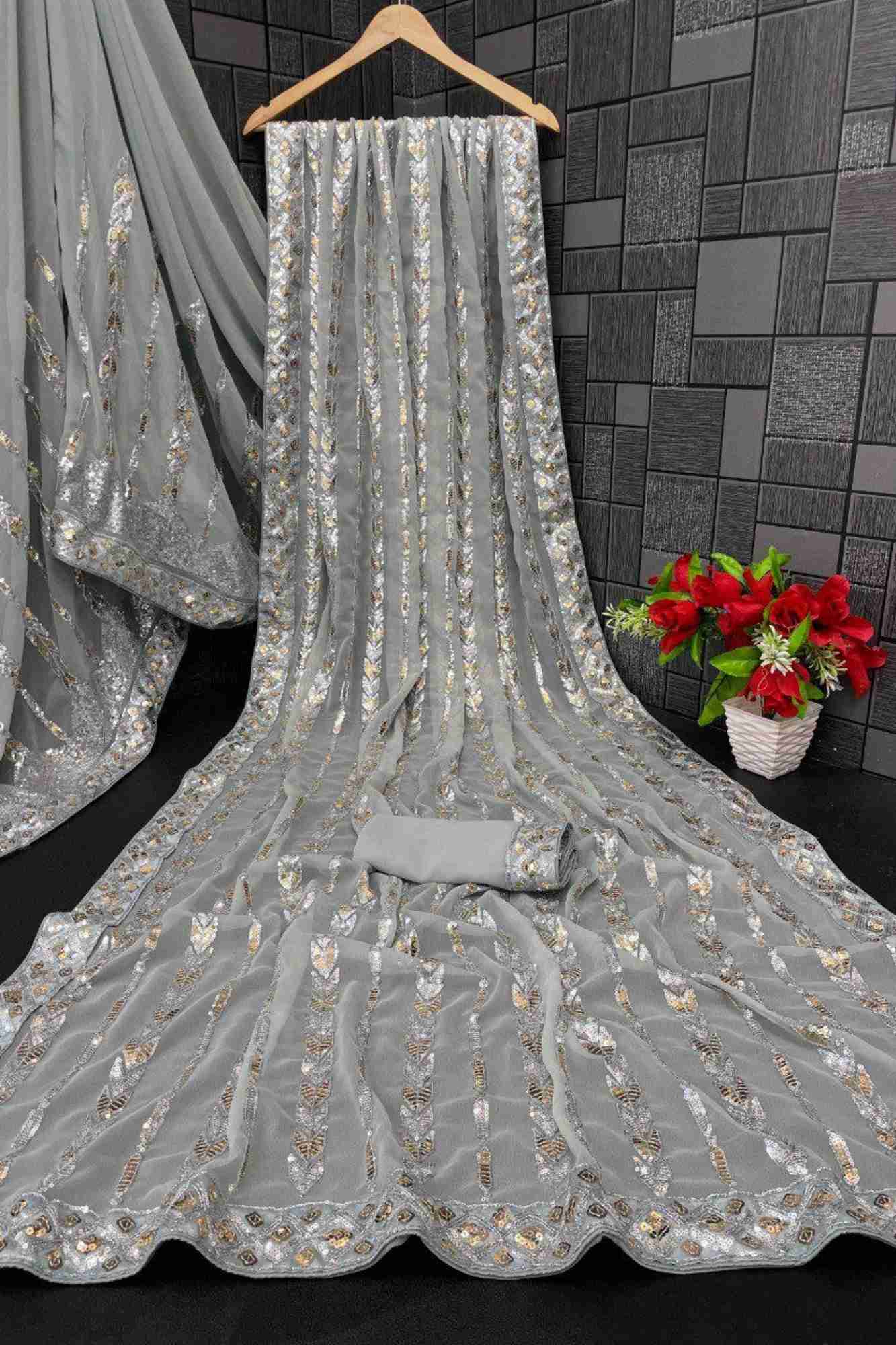 Georgette with All-Over Sequin Embroidery and Lace Border Detailing Ready To Wear Saree