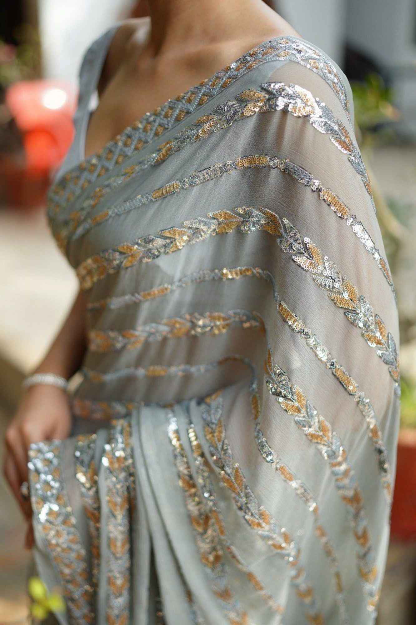 Georgette with All-Over Sequin Embroidery and Lace Border Detailing Ready To Wear Saree