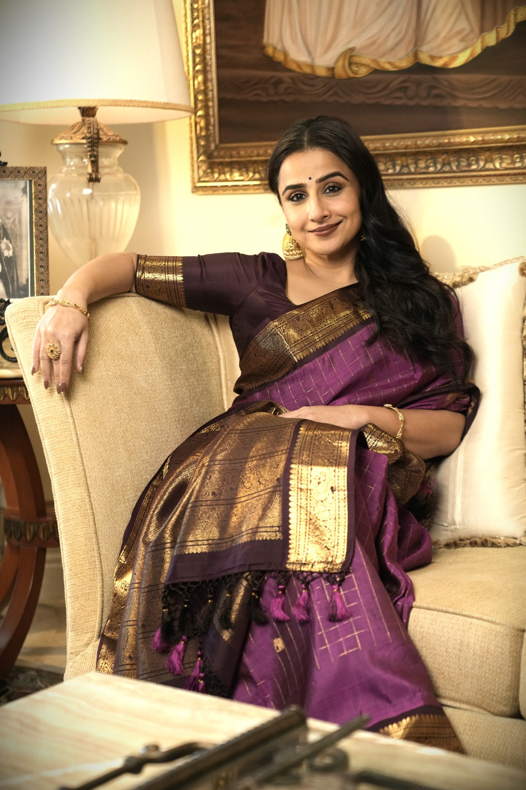 Magenta Zari Checks Kanjivaram Silk Saree with Buttas and Contrast Zari Border | SILK MARK CERTIFIED