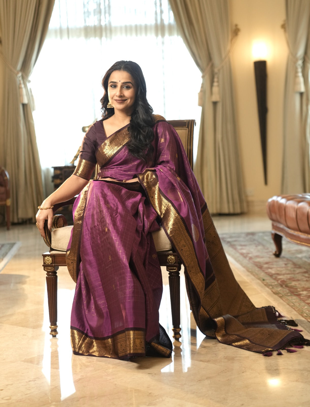 Magenta Zari Checks Kanjivaram Silk Saree with Buttas and Contrast Zari Border | SILK MARK CERTIFIED