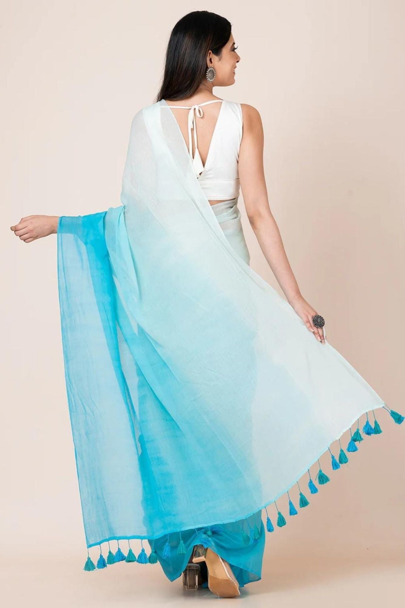 Sky Blue Mulmul Cotton with Ombre Effect and Playful Tassel Detailing Ready To Wear Saree