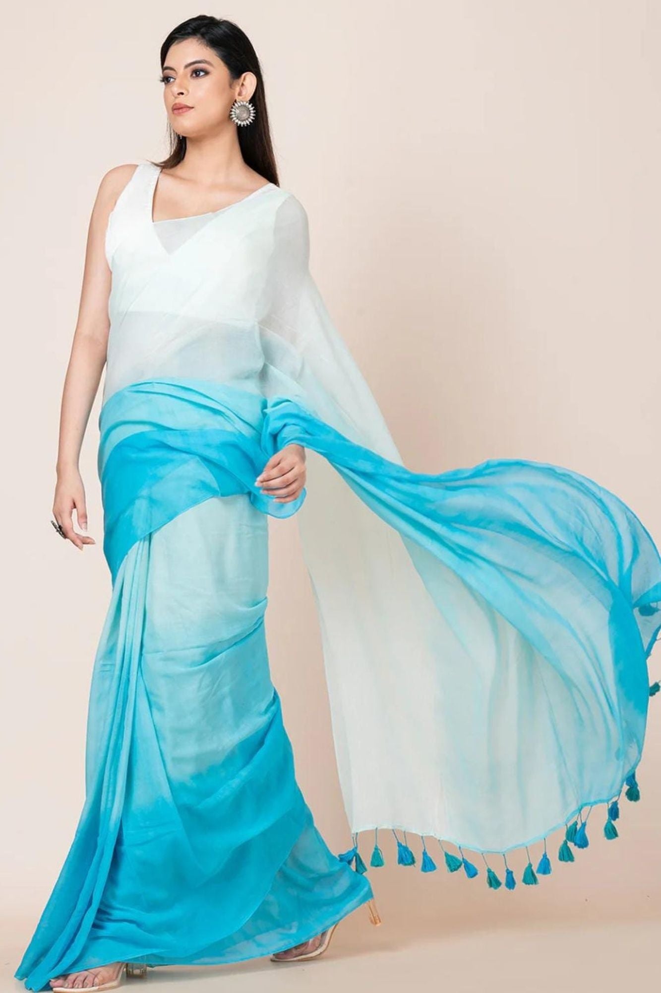 Sky Blue Mulmul Cotton with Ombre Effect and Playful Tassel Detailing Ready To Wear Saree
