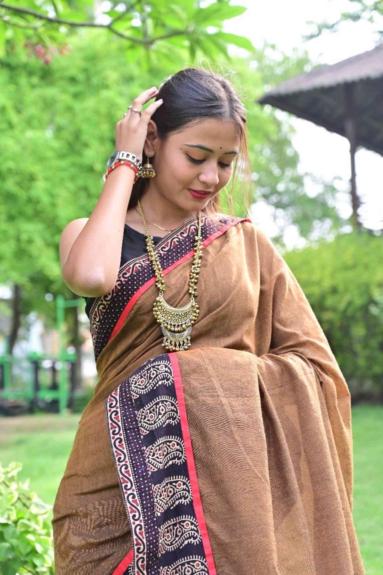 Olive Brown Cotton with Contrasting Black Ajrakh Border Ready To Wear Saree