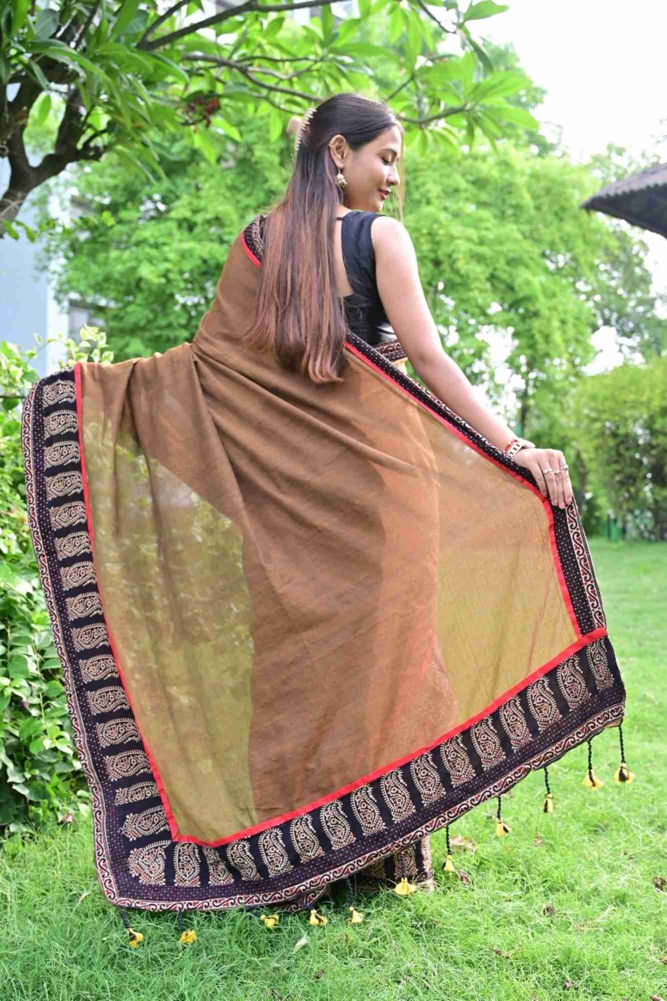Olive Brown Cotton with Contrasting Black Ajrakh Border Ready To Wear Saree