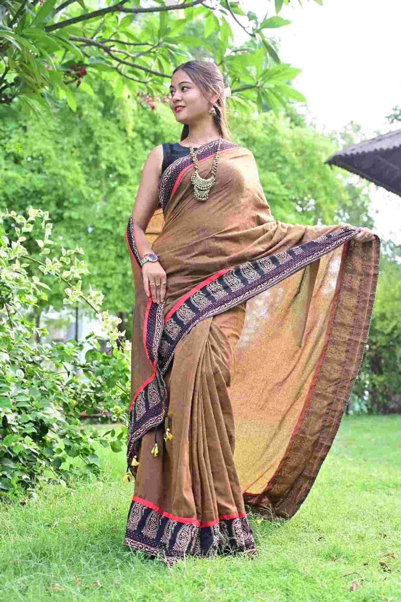 Olive Brown Cotton with Contrasting Black Ajrakh Border Ready To Wear Saree