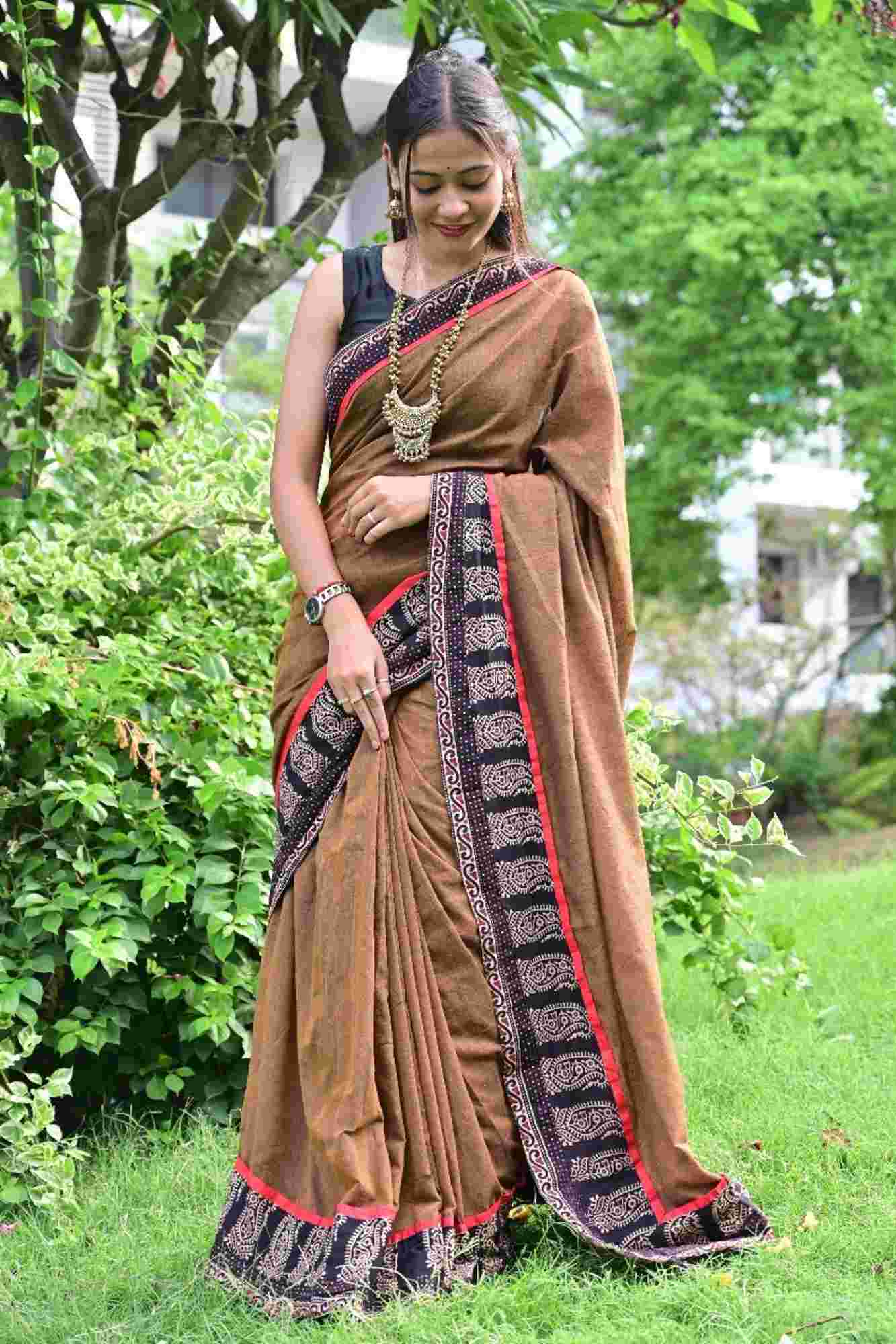 Olive Brown Cotton with Contrasting Black Ajrakh Border Ready To Wear Saree