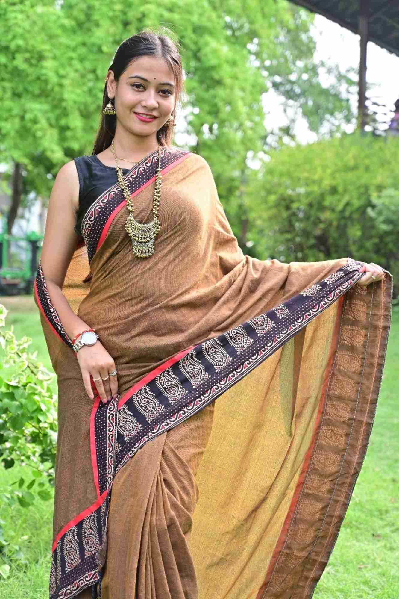 Olive Brown Cotton with Contrasting Black Ajrakh Border Ready To Wear Saree