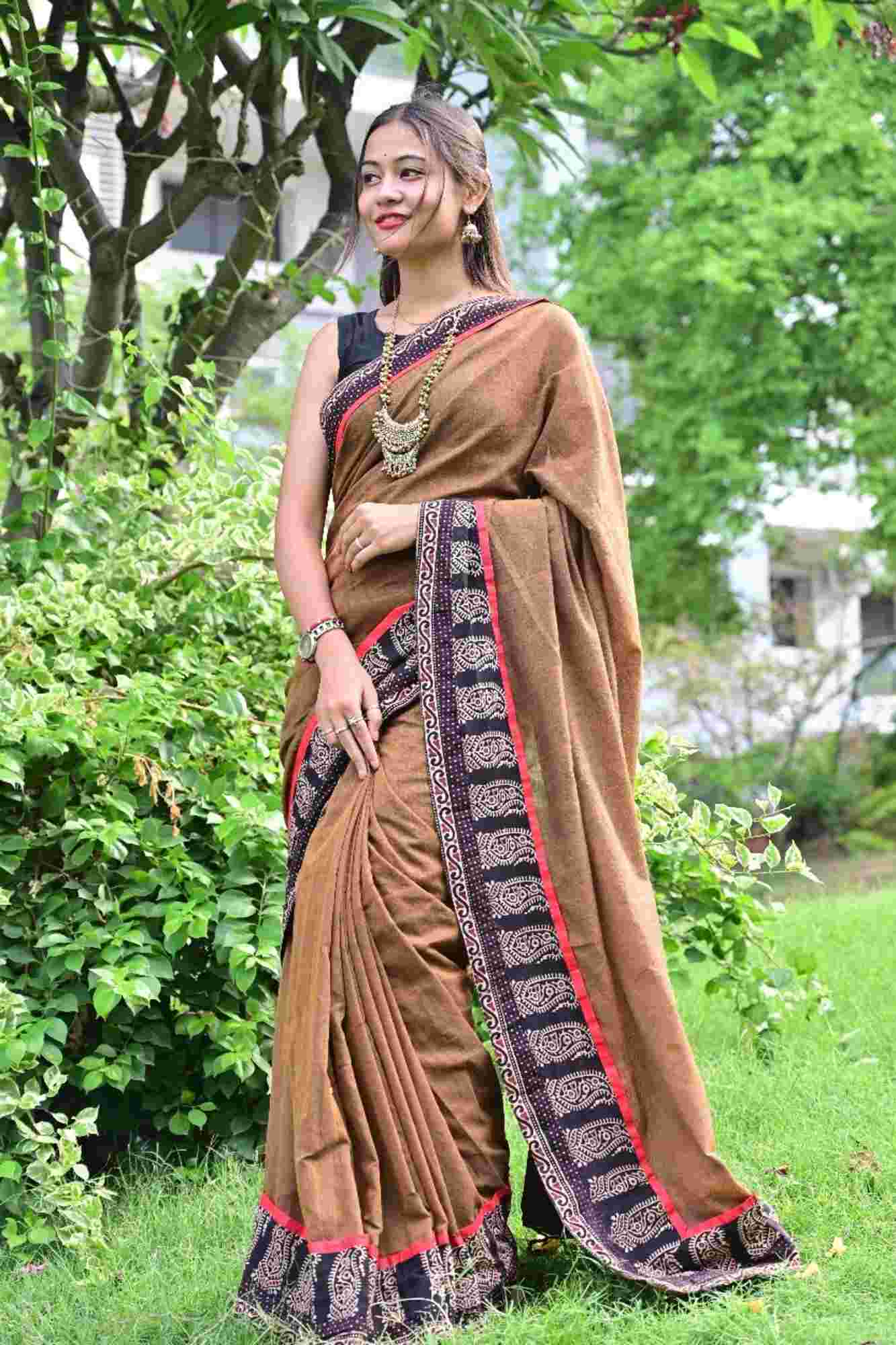 Olive Brown Cotton with Contrasting Black Ajrakh Border Ready To Wear Saree
