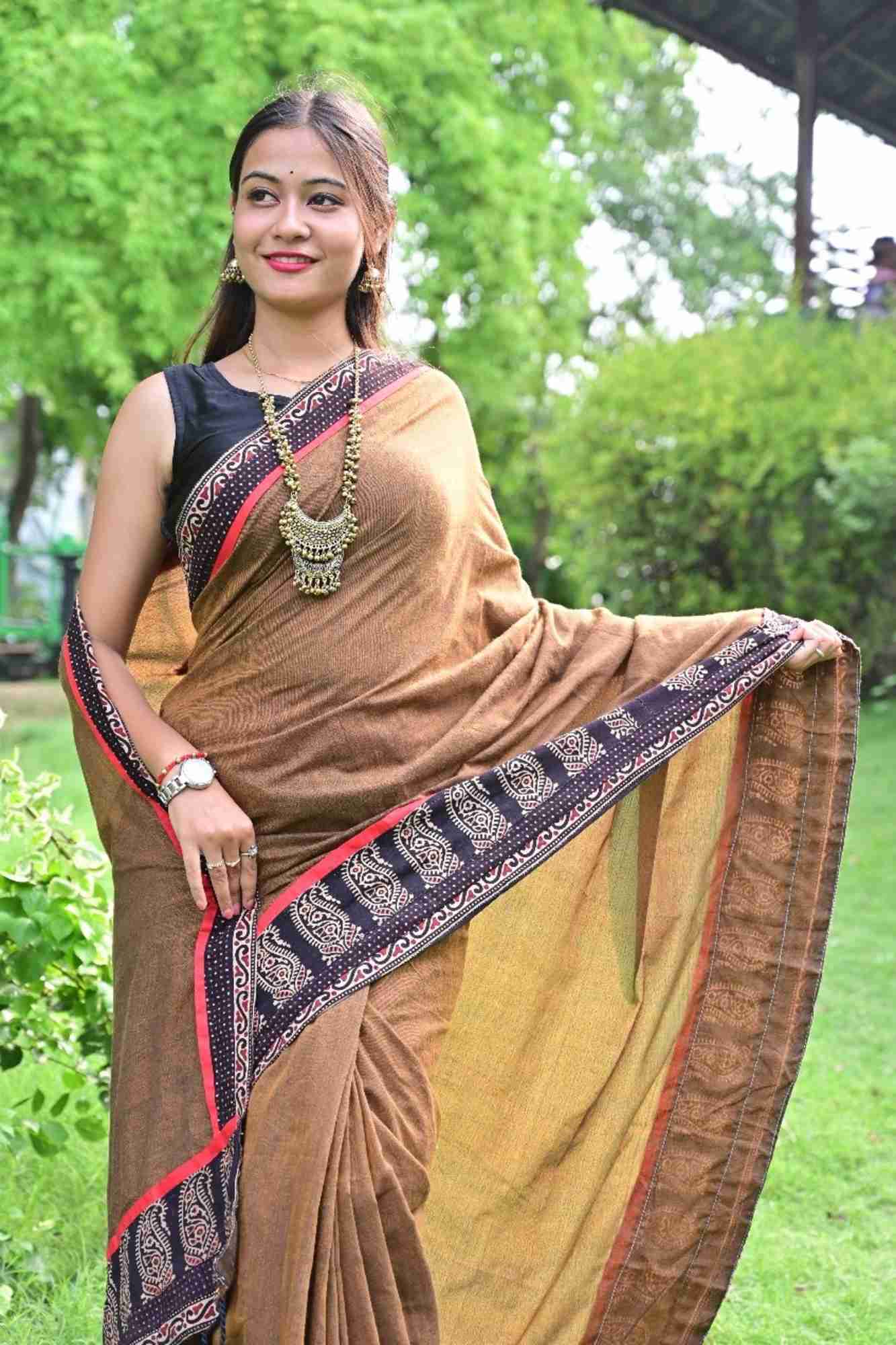 Olive Brown Cotton with Contrasting Black Ajrakh Border Ready To Wear Saree