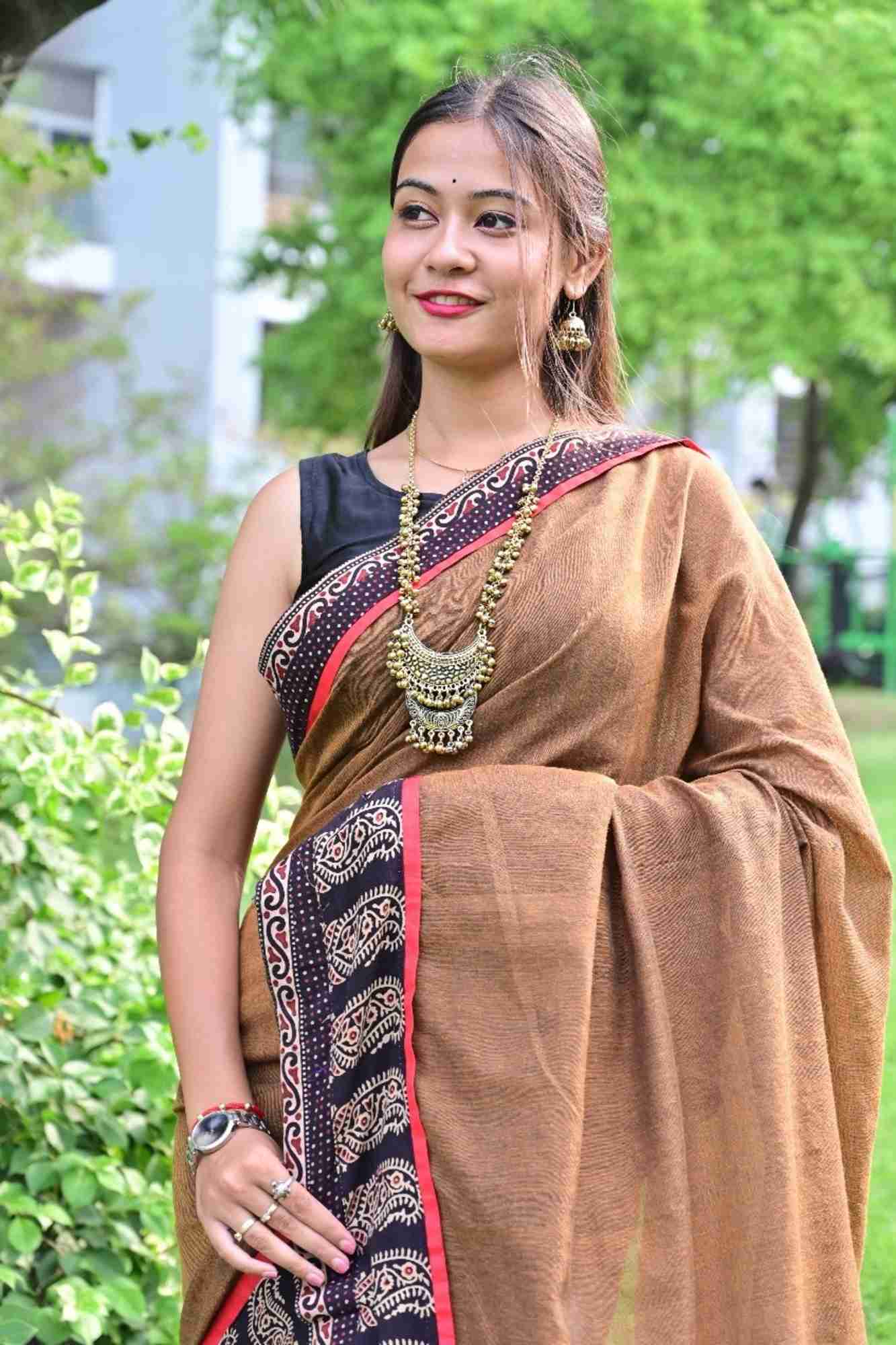 Olive Brown Cotton with Contrasting Black Ajrakh Border Ready To Wear Saree
