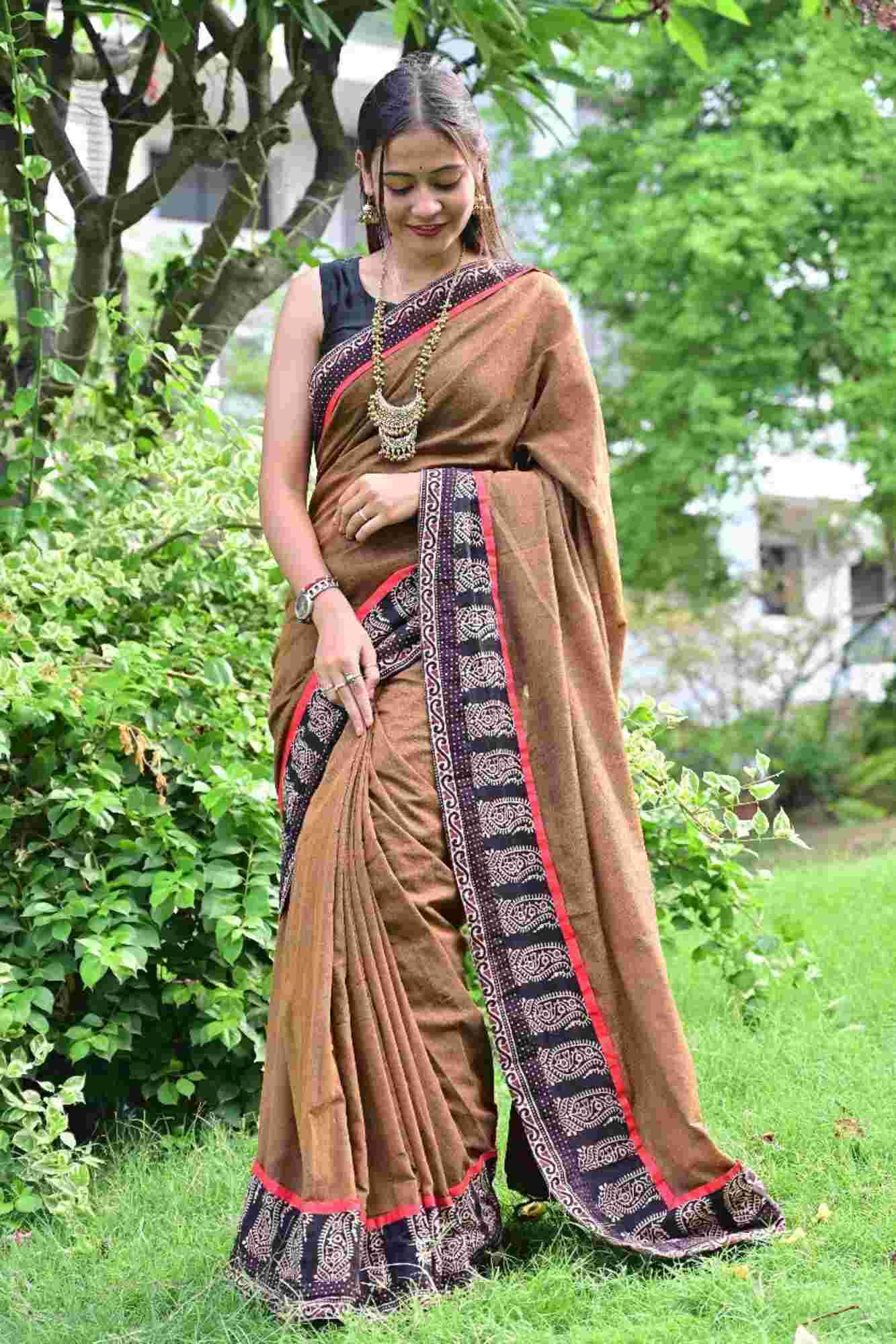 Olive Brown Cotton with Contrasting Black Ajrakh Border Ready To Wear Saree
