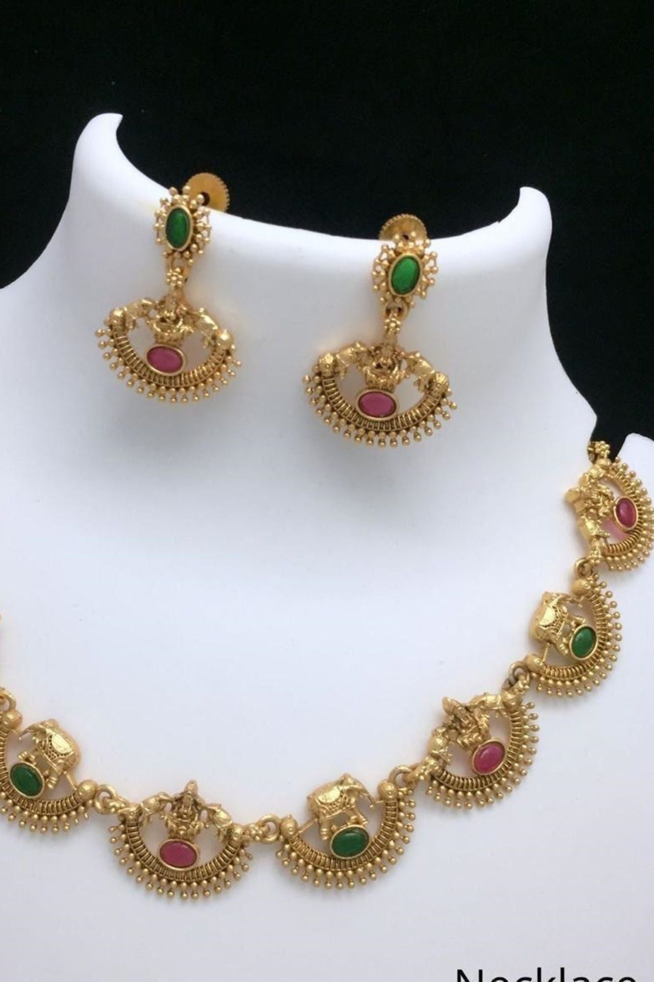 Temple Design Necklace Set with Elephant Motifs and Color Accents With Matching Earring