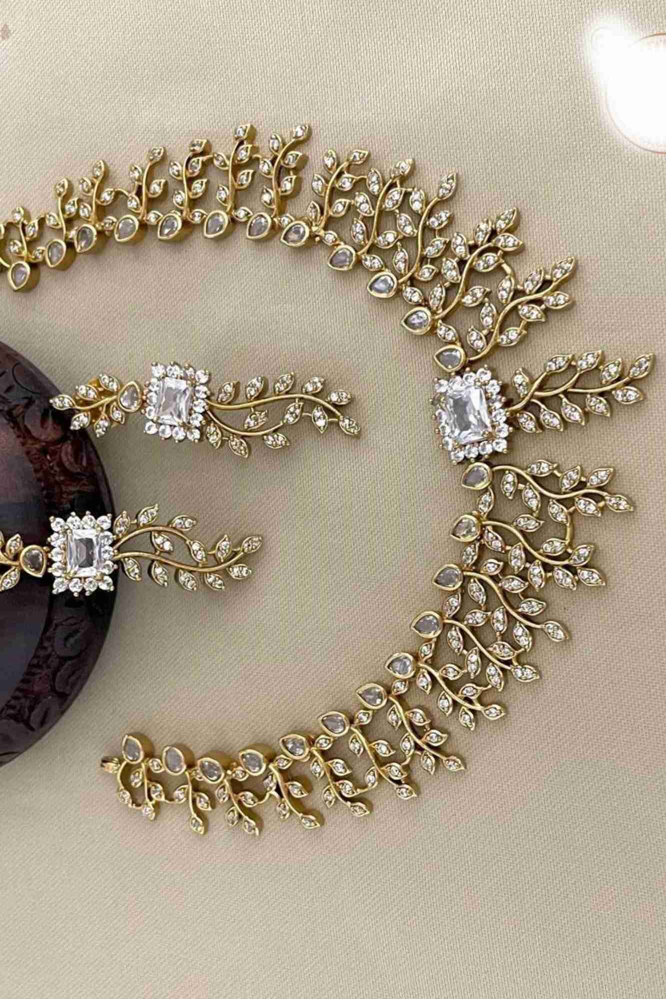 Floral Vine Gold-Toned Necklace Set with Crystal Accents With Matching Earring