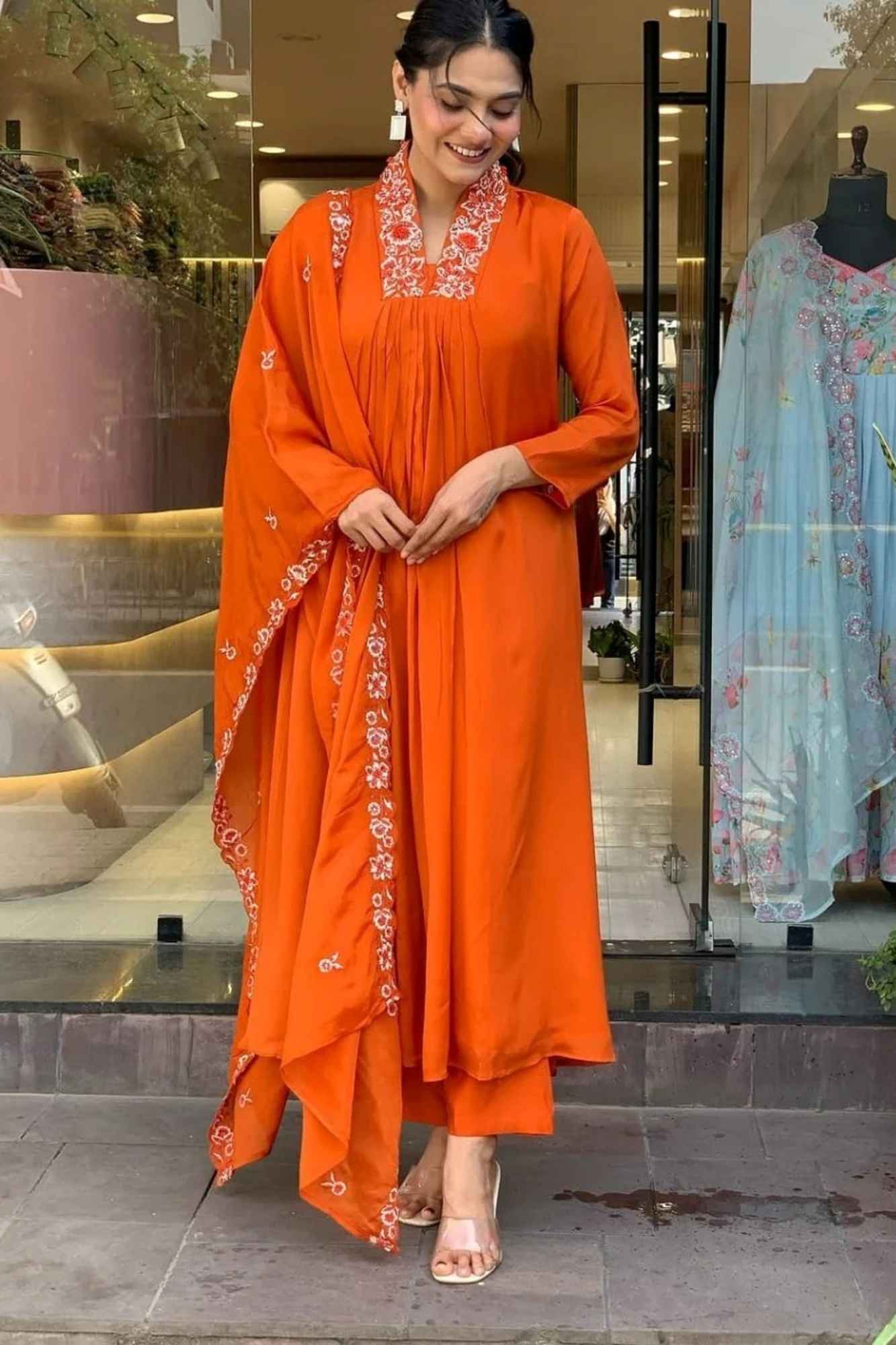 Orange Cotton Kurti Pant Dupatta Set with Elegant Embroidery
