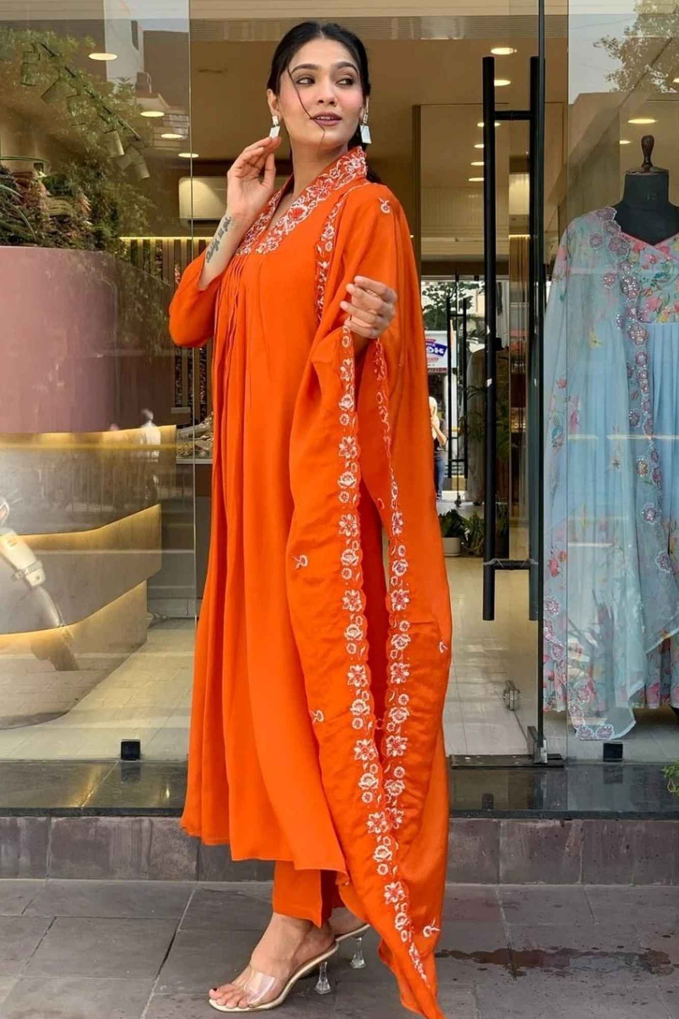 Orange Cotton Kurti Pant Dupatta Set with Elegant Embroidery