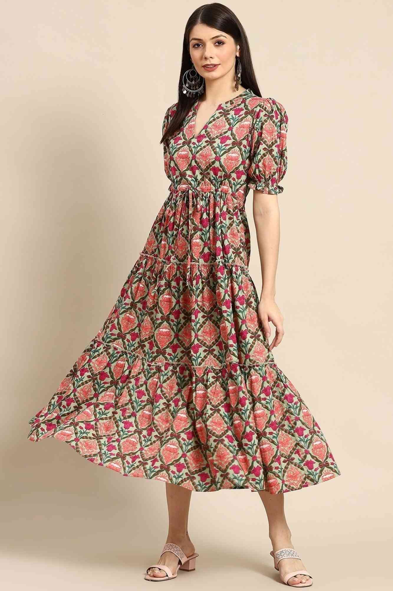 Floral Printed Rayon Cotton Tiered Anarkali Kurti with Puff Sleeves