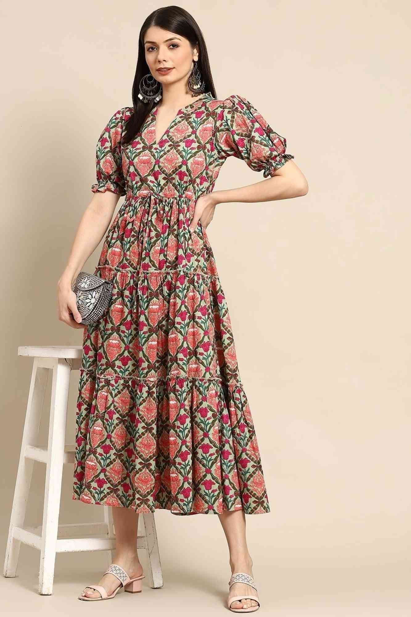 Floral Printed Rayon Cotton Tiered Anarkali Kurti with Puff Sleeves