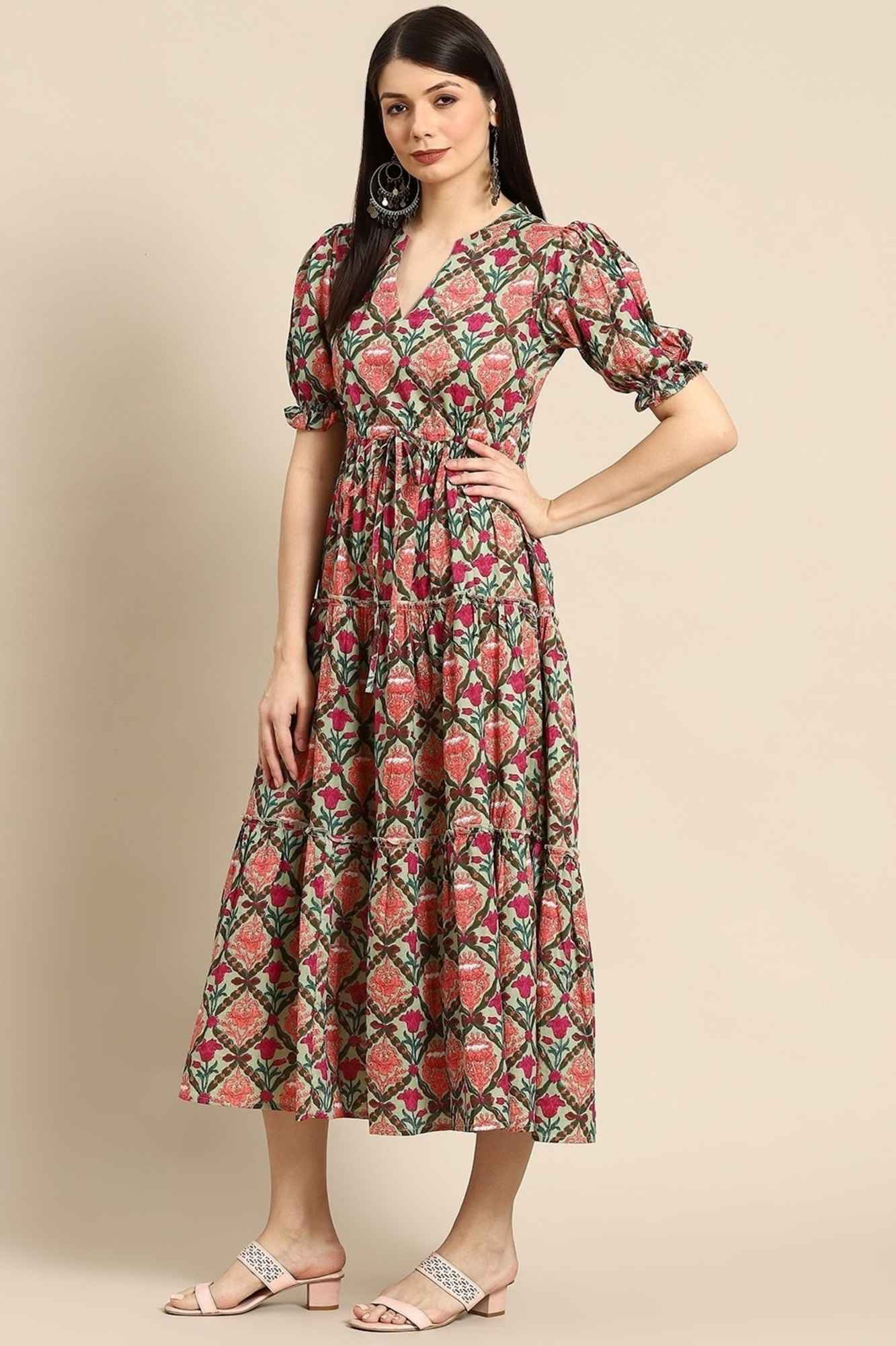 Floral Printed Rayon Cotton Tiered Anarkali Kurti with Puff Sleeves