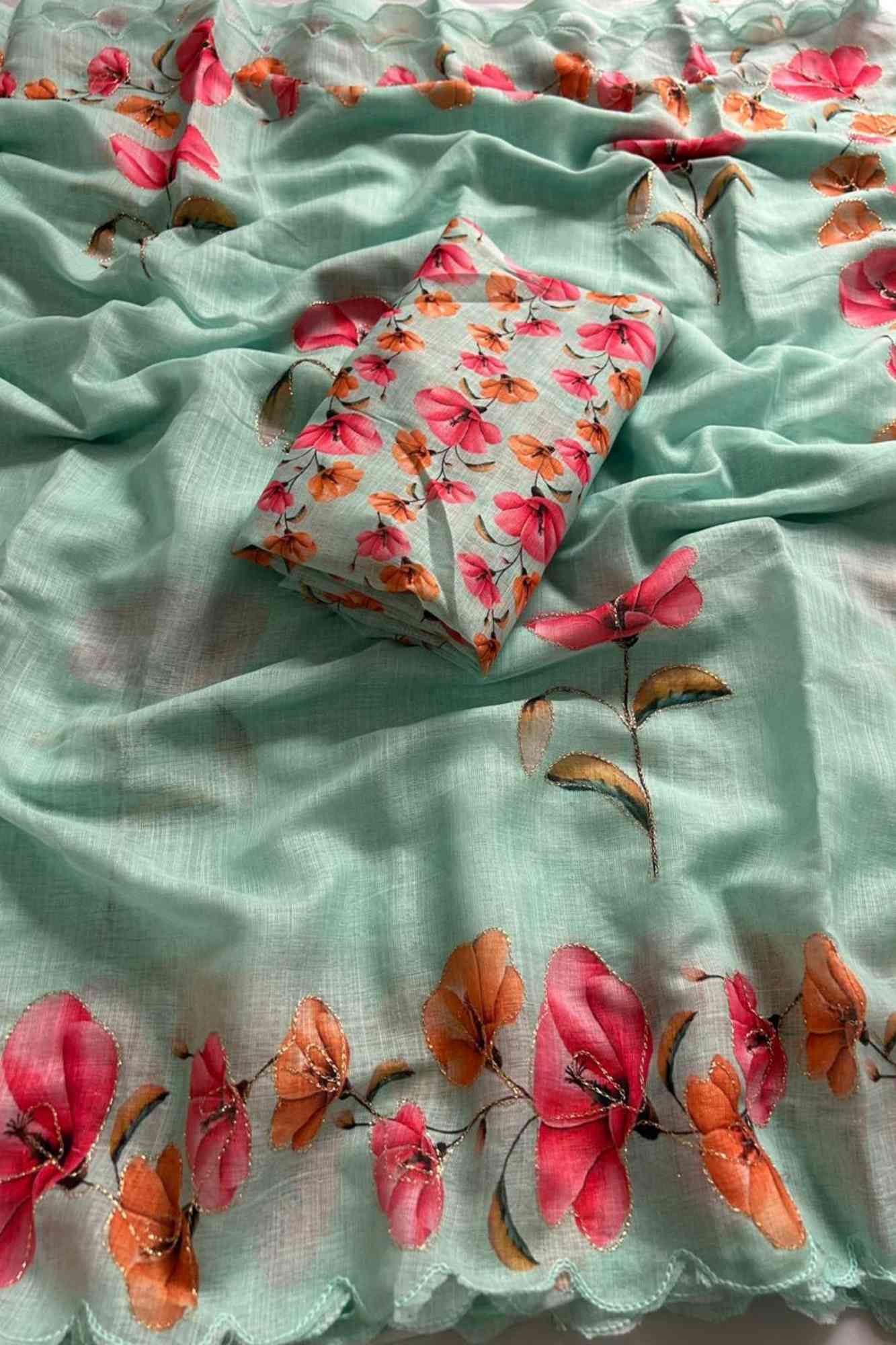 Linen Cotton with Delicate Floral Embroidery Ready To Wear Saree