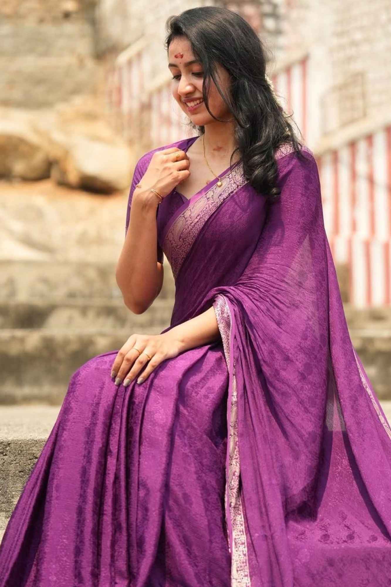 Royal Purple Viscose Chinon with Elegant All-Over Weaving Pattern Ready To Wear Saree