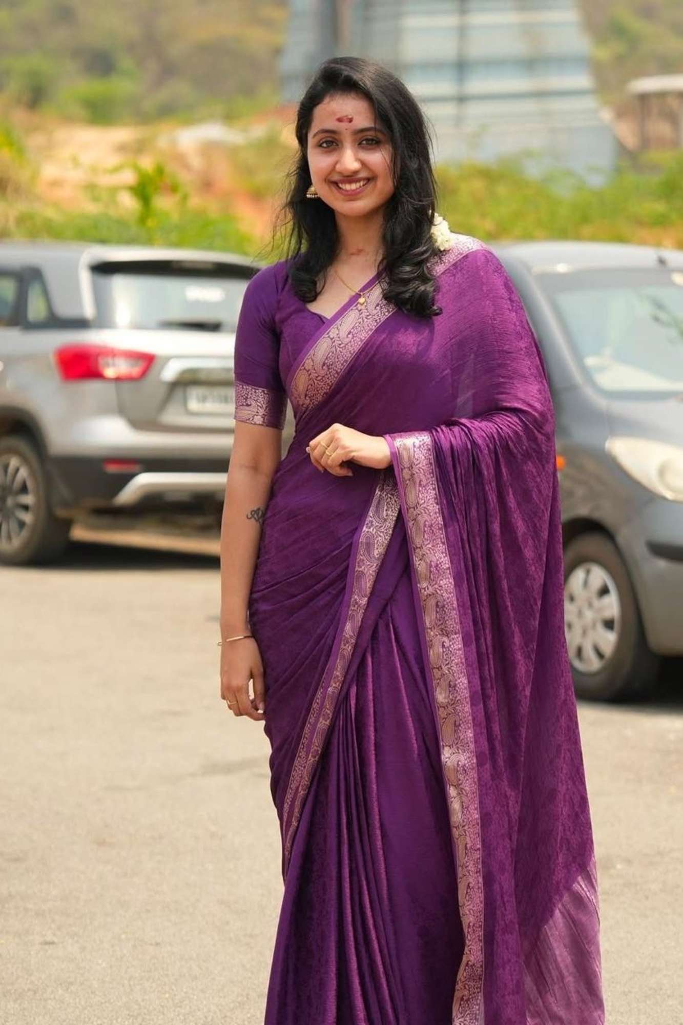 Royal Purple Viscose Chinon with Elegant All-Over Weaving Pattern Ready To Wear Saree