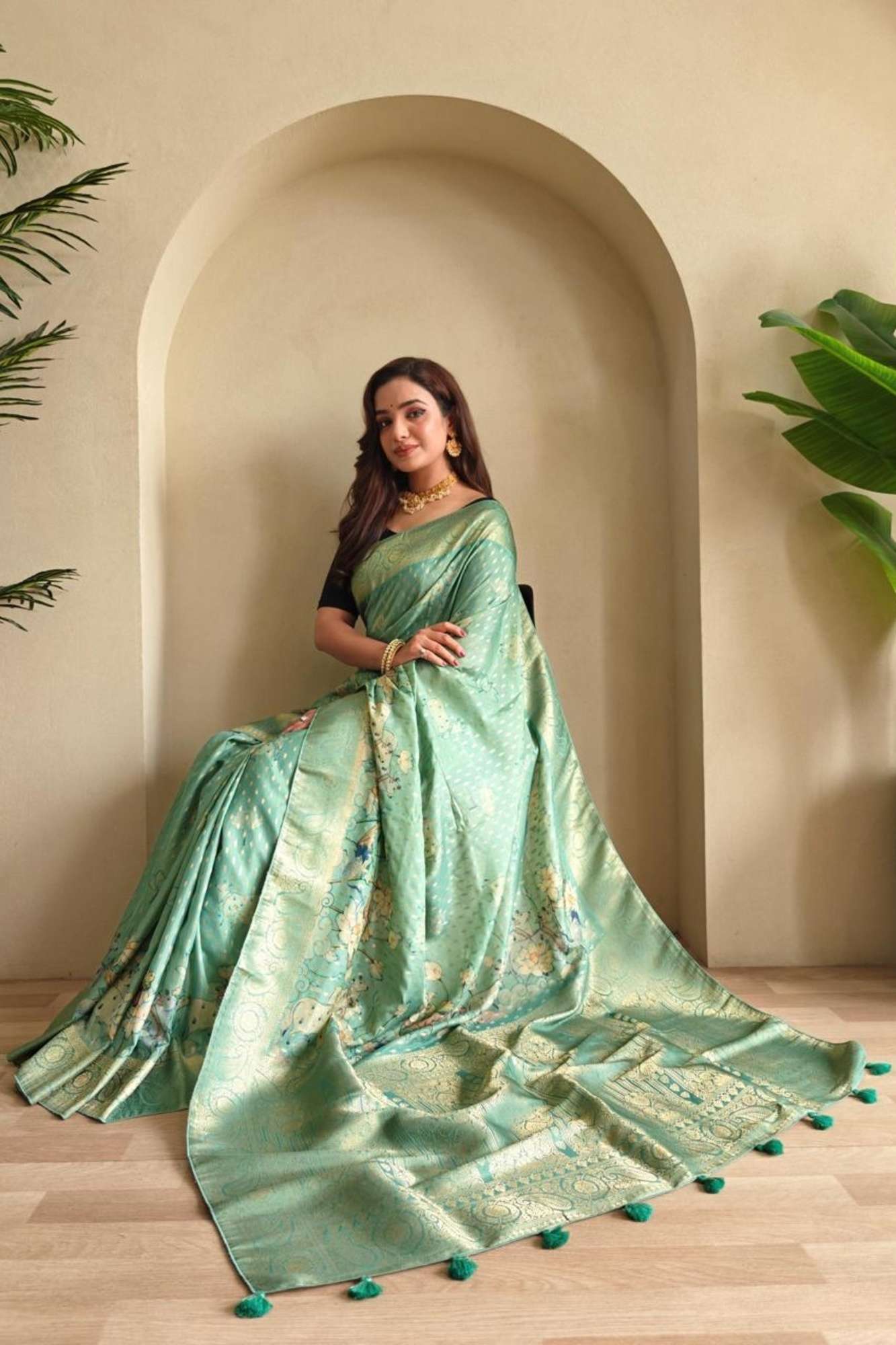 Viscose Georgette with Woven Detailing, Digital Prints & Tassels Ready To Wear Saree