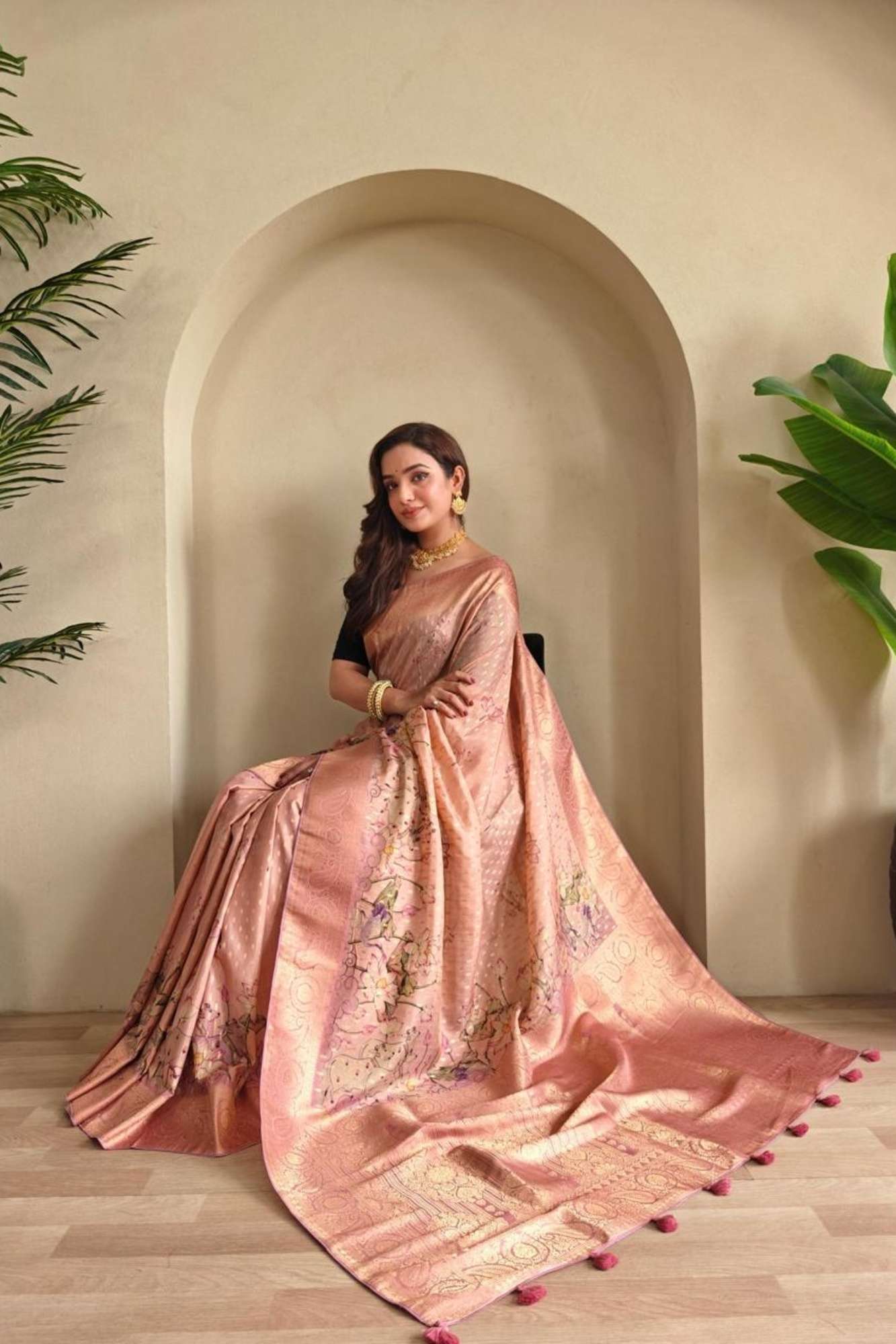 Peach Viscose Georgette Silk with Woven Detailing, Digital Prints & Tassels Ready To Wear Saree