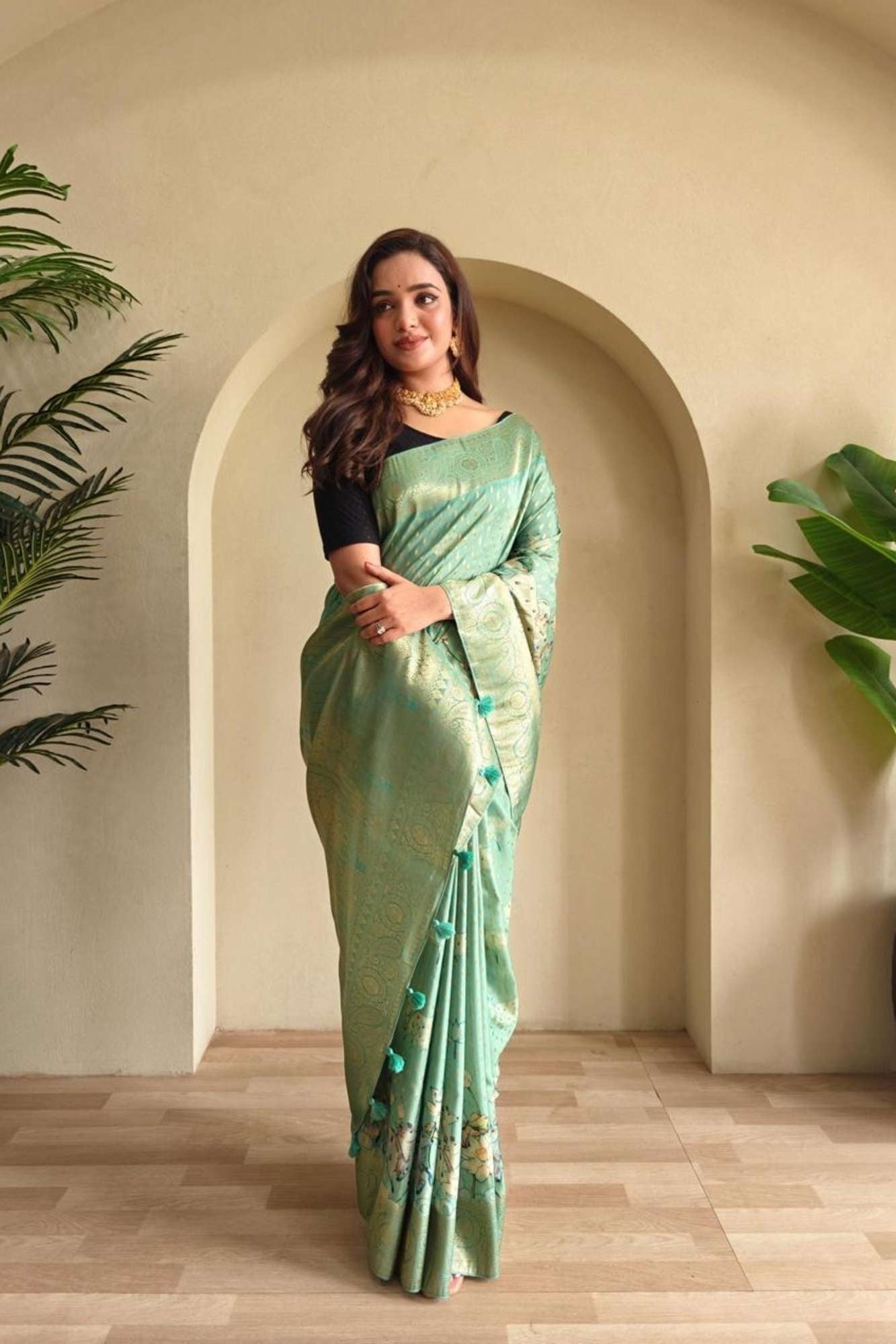 Viscose Georgette with Woven Detailing, Digital Prints & Tassels Ready To Wear Saree