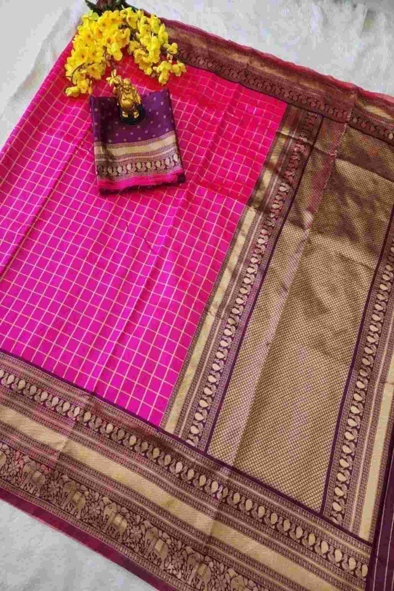 Vibrant Pink Lichi Silk with Zari Checkered Weave and Contrasting Pallu Ready To Wear Saree