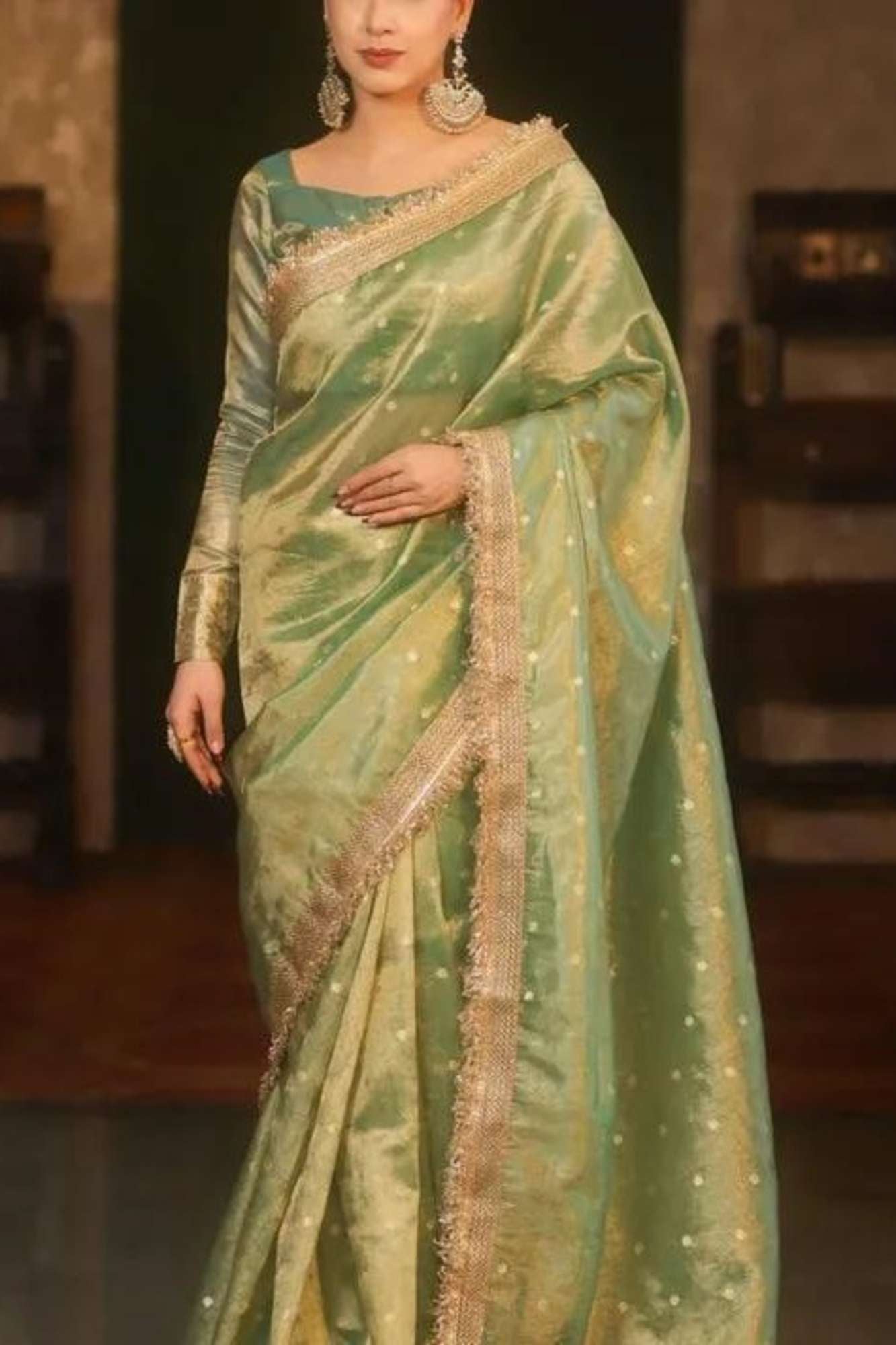 Banarasi Tissue Silk with Zari Butis, Embellished Border Dhoop Chaav Ready To Wear Saree