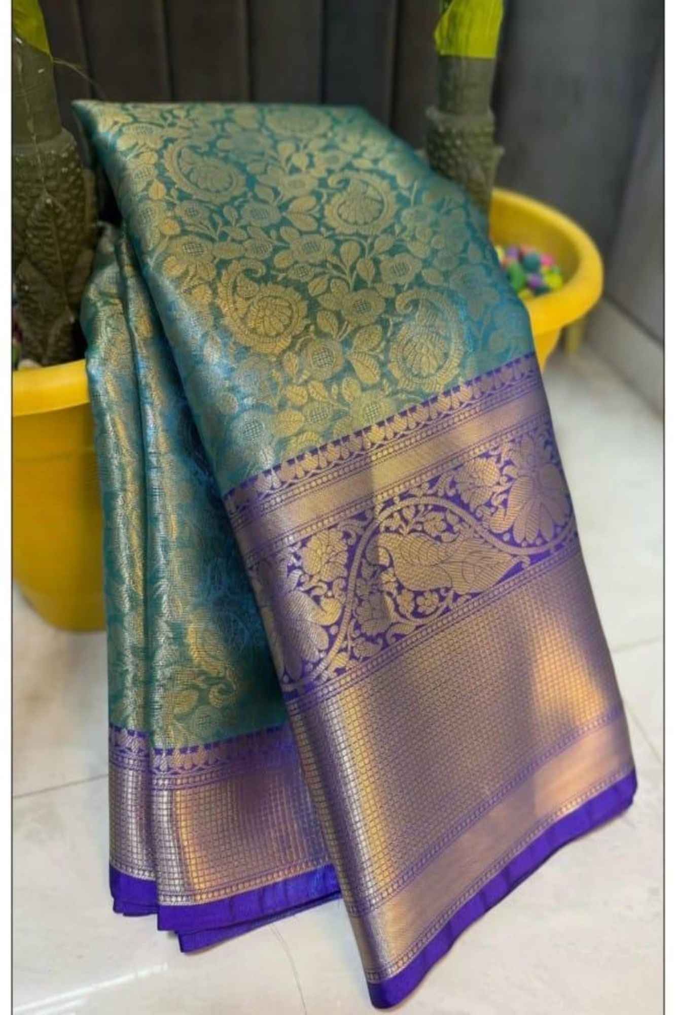 Zari Tissue Silk with Dual-Tone Peacock Motif Border Ready To Wear Saree
