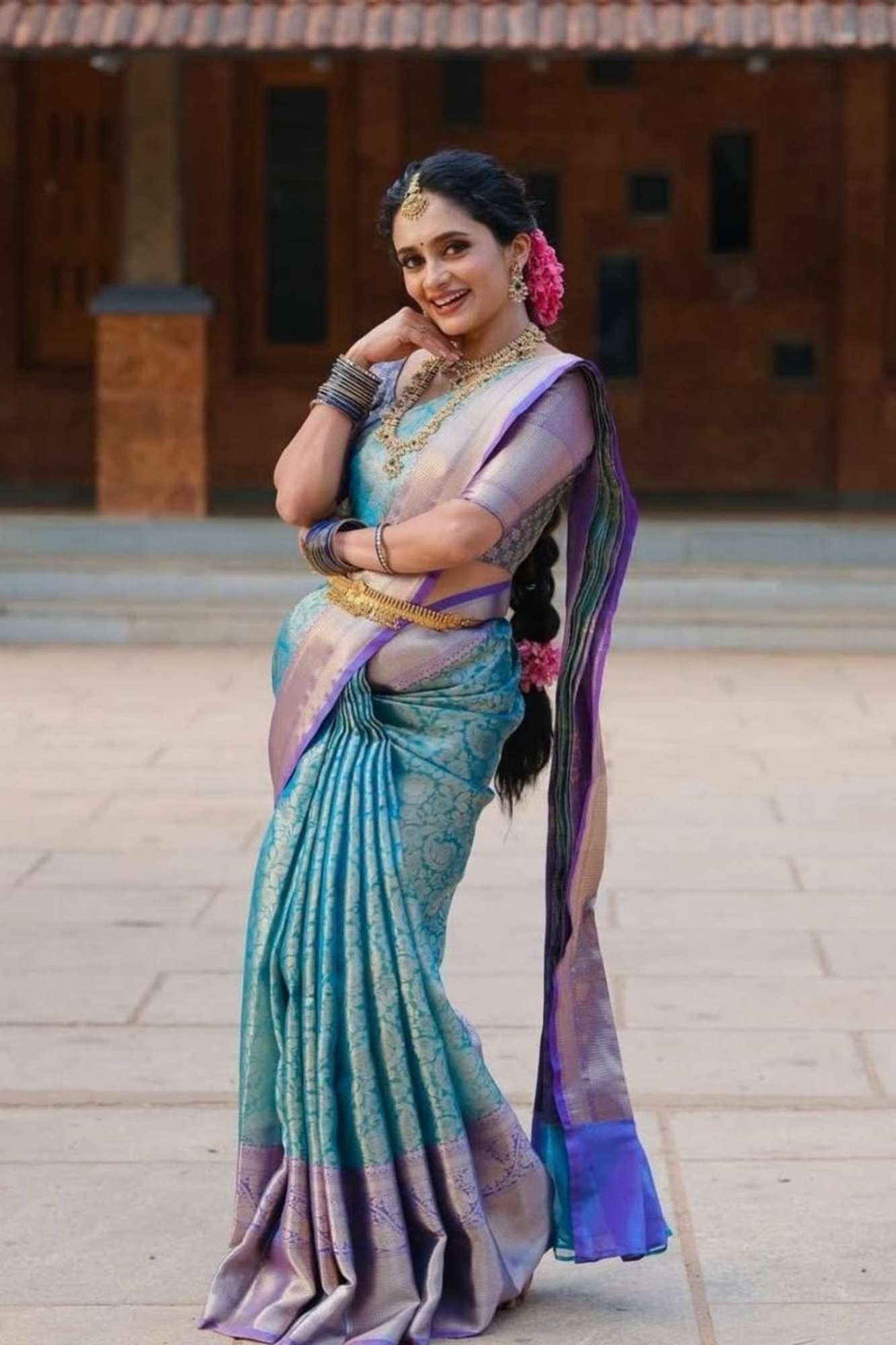 Zari Tissue Silk with Dual-Tone Peacock Motif Border Ready To Wear Saree