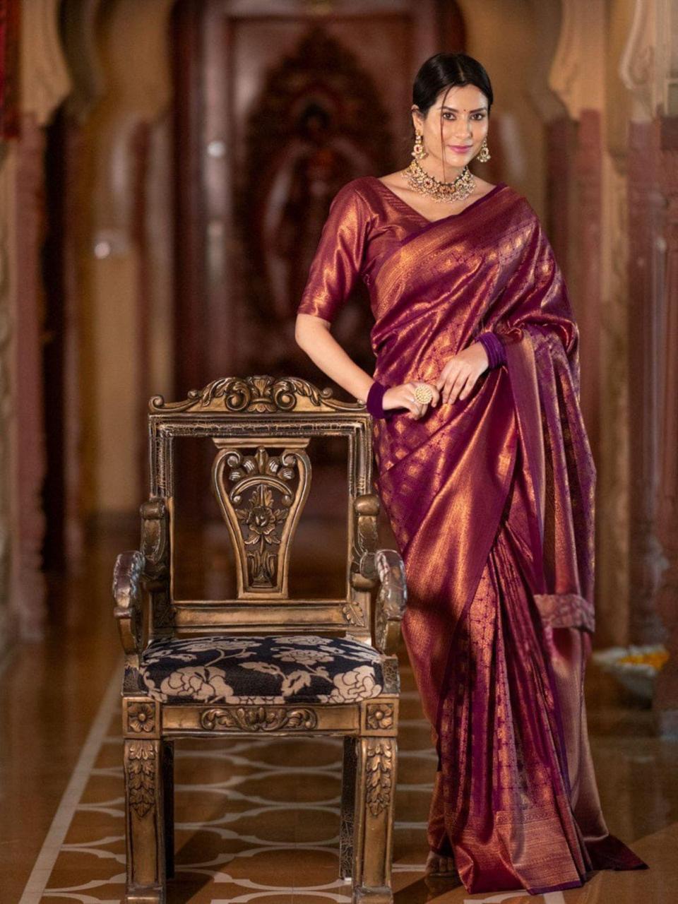 Maroon Soft Lichi Silk Saree with Woven Zari Design