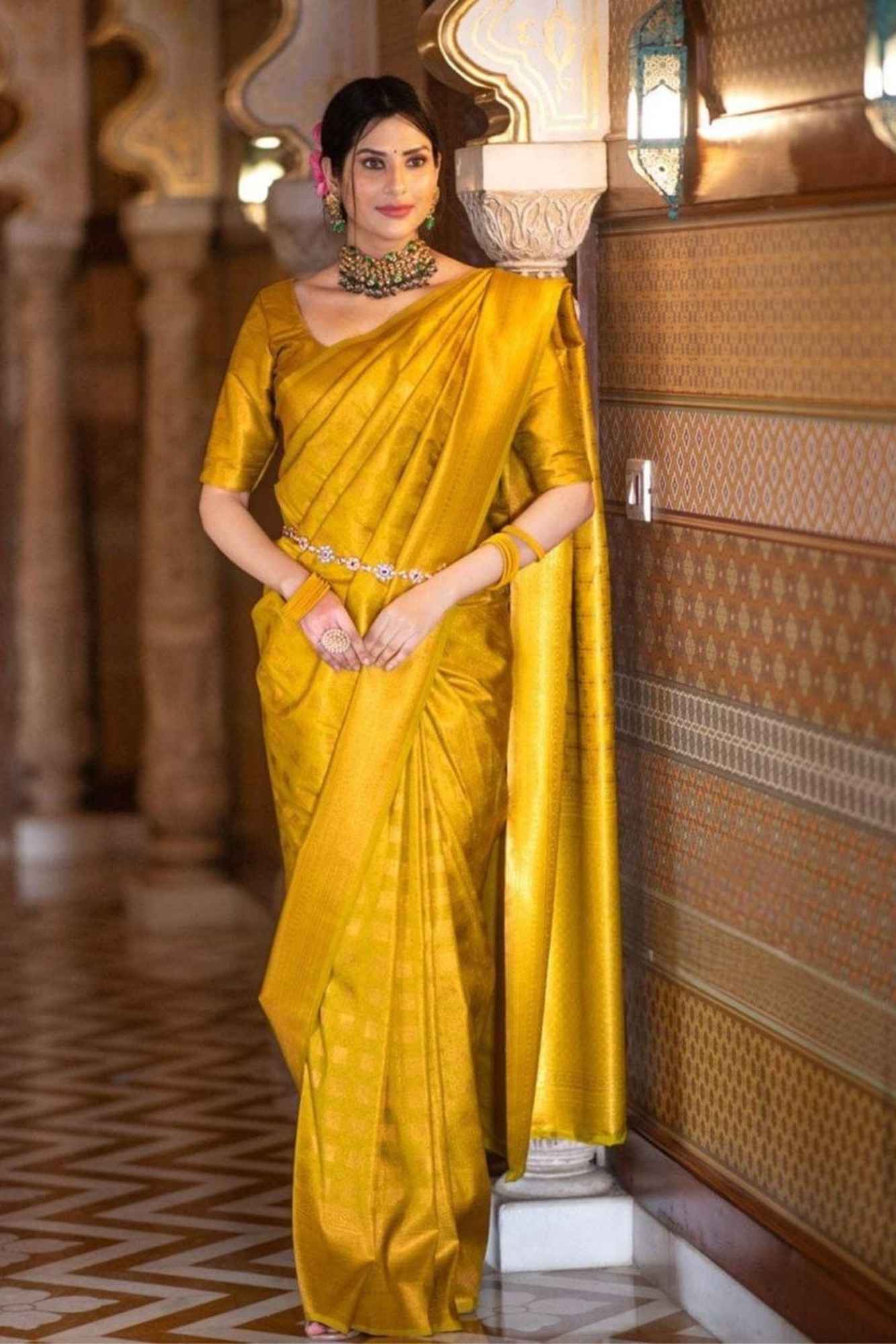Soft Lichi Silk in Mustard Gold Ready To Wear Saree