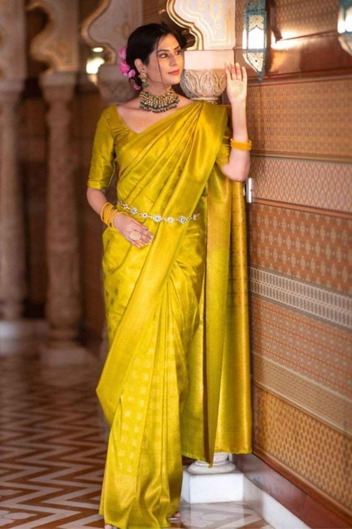 Soft Lichi Silk in Mustard Gold Ready To Wear Saree