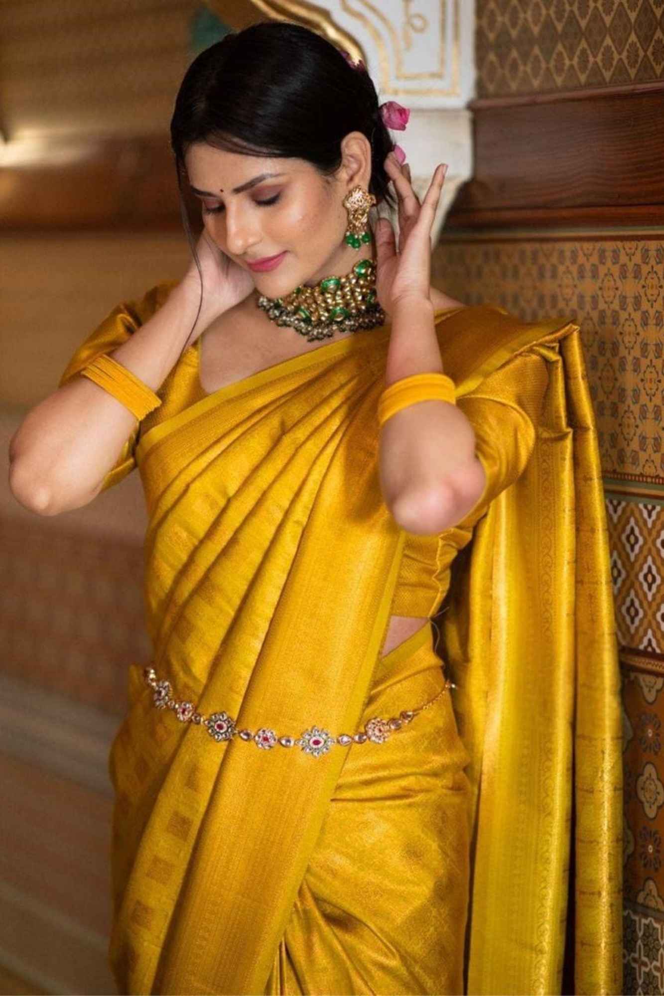 Soft Lichi Silk in Mustard Gold Ready To Wear Saree