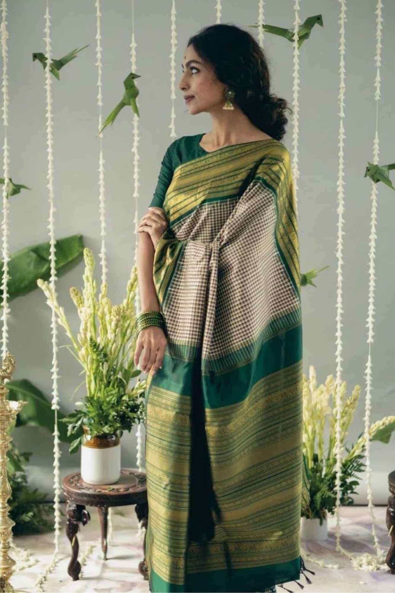 Soft Lichi Silk with Checkered Body and Green Zari Pallu Ready To Wear Saree
