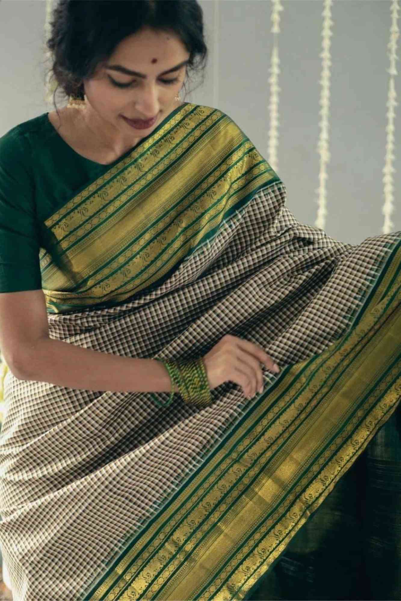 Soft Lichi Silk with Checkered Body and Green Zari Pallu Ready To Wear Saree