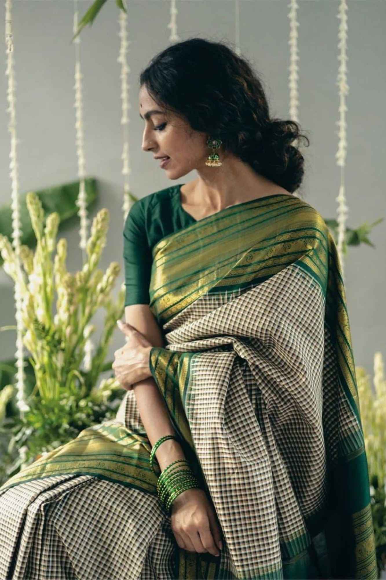 Soft Lichi Silk with Checkered Body and Green Zari Pallu Ready To Wear Saree