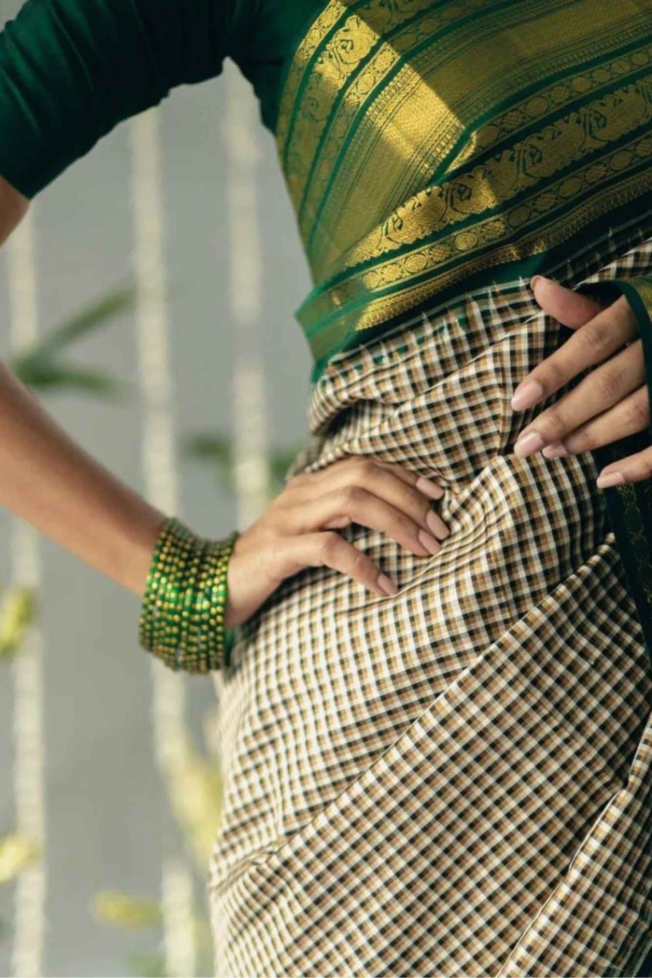 Soft Lichi Silk with Checkered Body and Green Zari Pallu Ready To Wear Saree