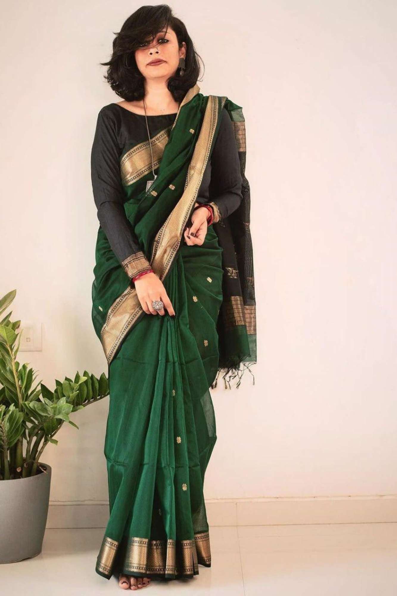 Green Soft Cotton with Black Pallu & Zari Accents Ready To Wear Saree