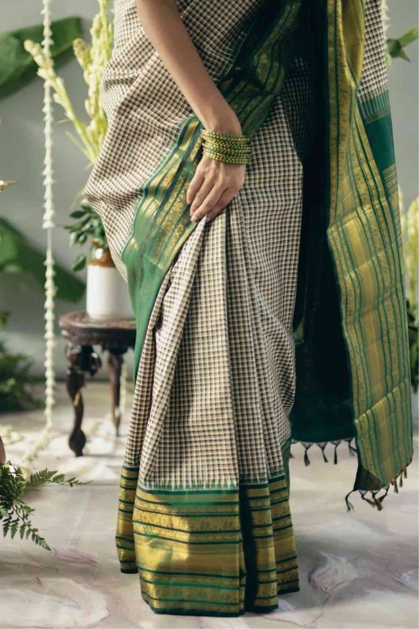 Soft Lichi Silk with Checkered Body and Green Zari Pallu Ready To Wear Saree