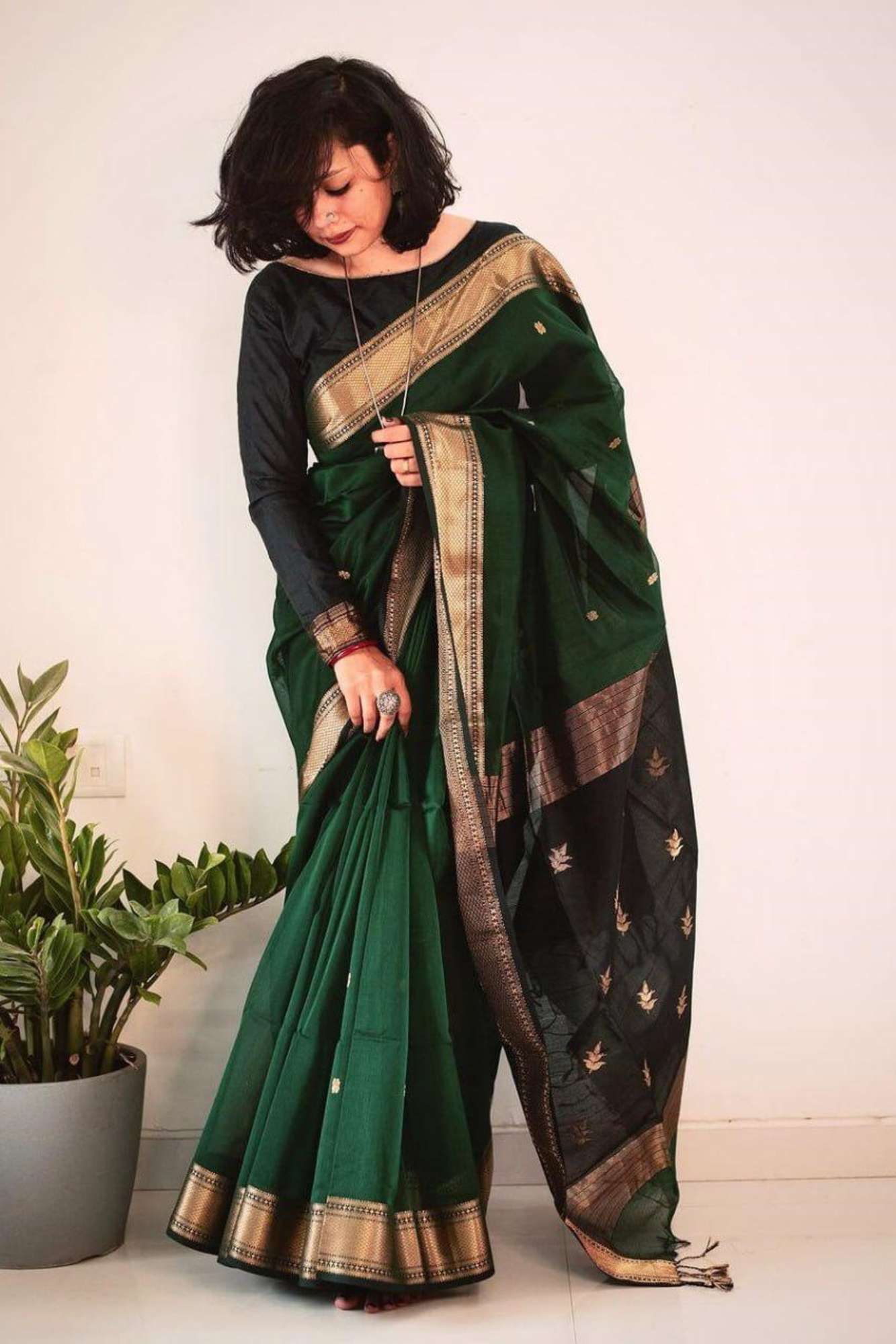 Green Soft Cotton with Black Pallu & Zari Accents Ready To Wear Saree