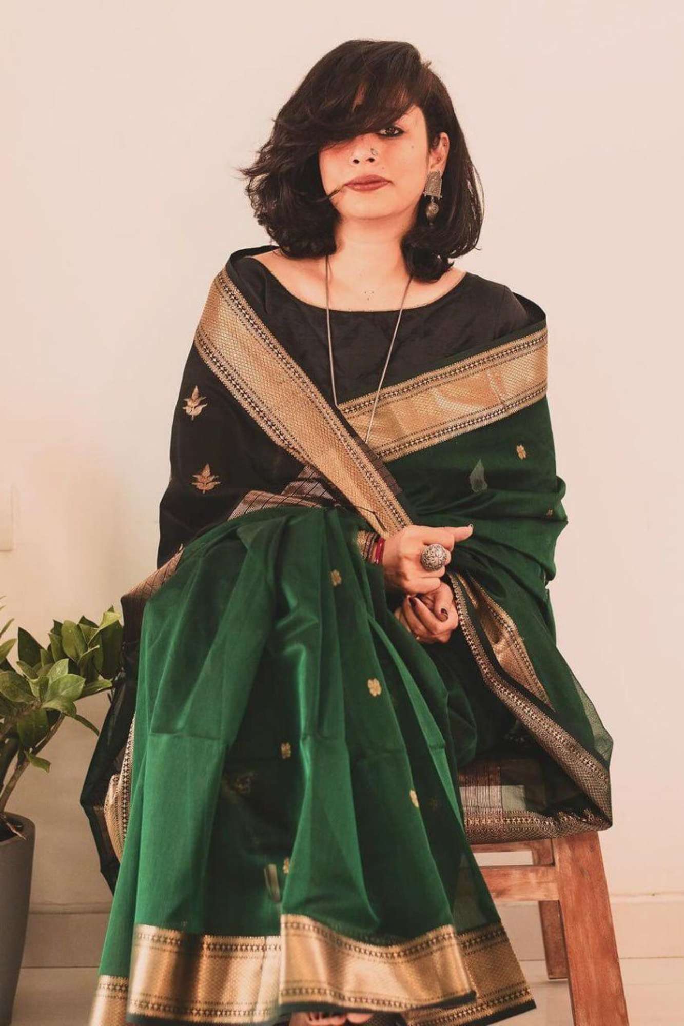 Green Soft Cotton with Black Pallu & Zari Accents Ready To Wear Saree